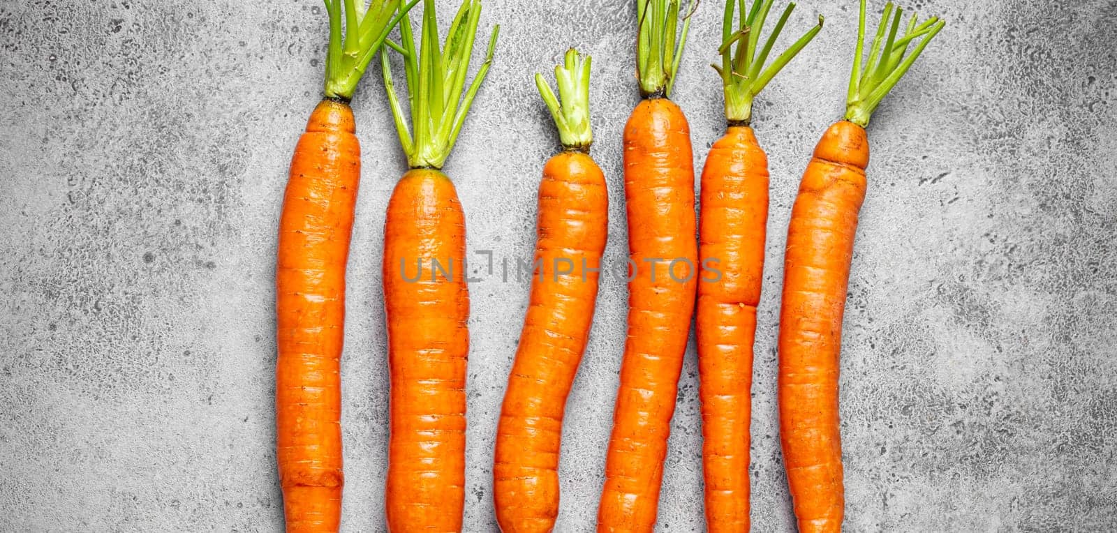 Fresh raw organic farm carrots with leafs arranged on grey rustic stone background top view, healthy carrots in balanced nutrition and cooking concept by its_al_dente