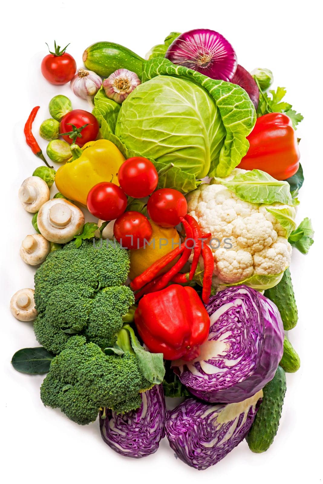 Collection of fresh vegetables. Vegetarian diet food. fresh vegetables isolated on white. Tomatoes, broccoli, peppers, mushrooms - products for the organic market by aprilphoto