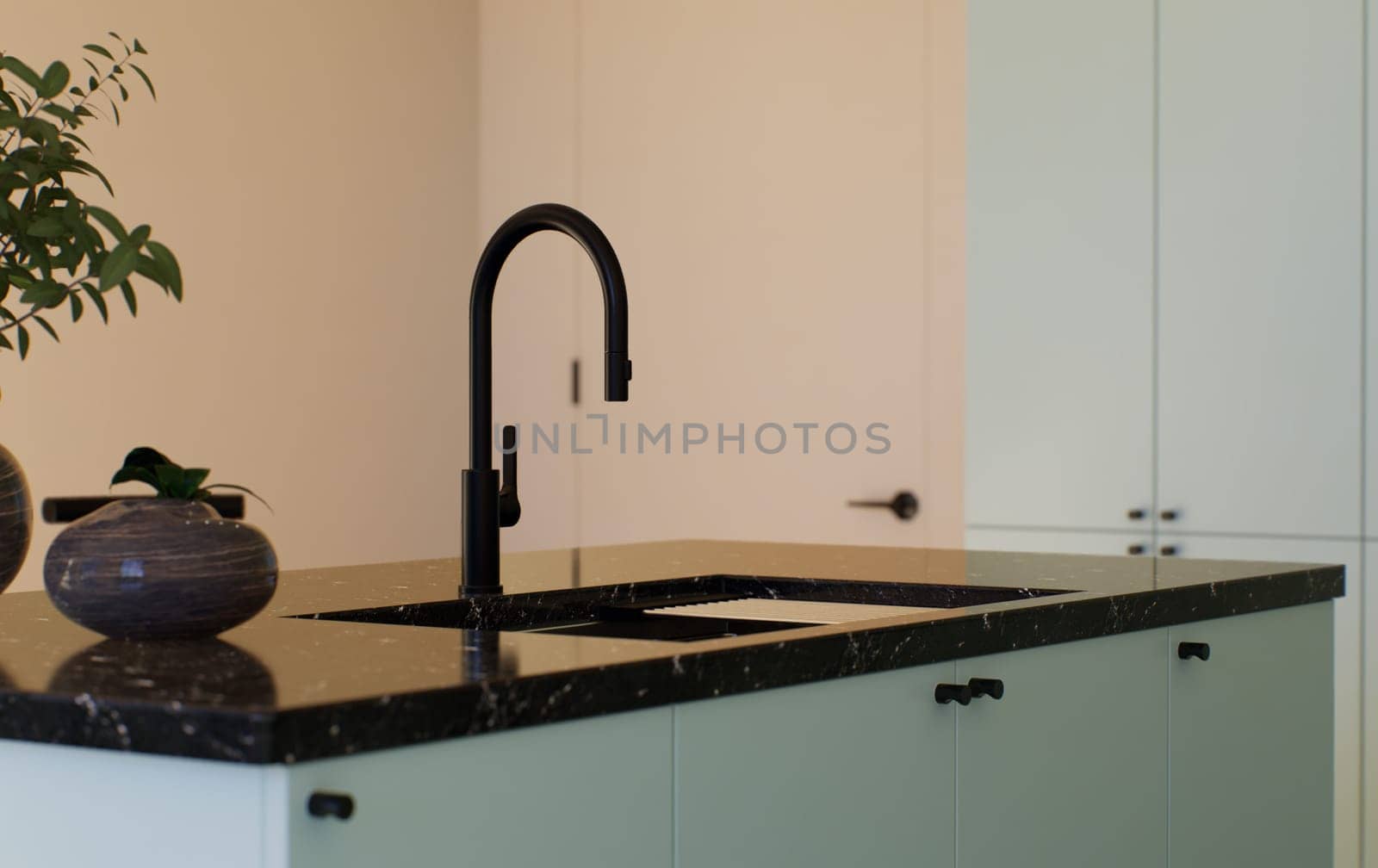 Modern spacious bright kitchen with sunlight and dark accents. 3d rendering. Dark kitchen faucet and dark countertop in a light kitchen.