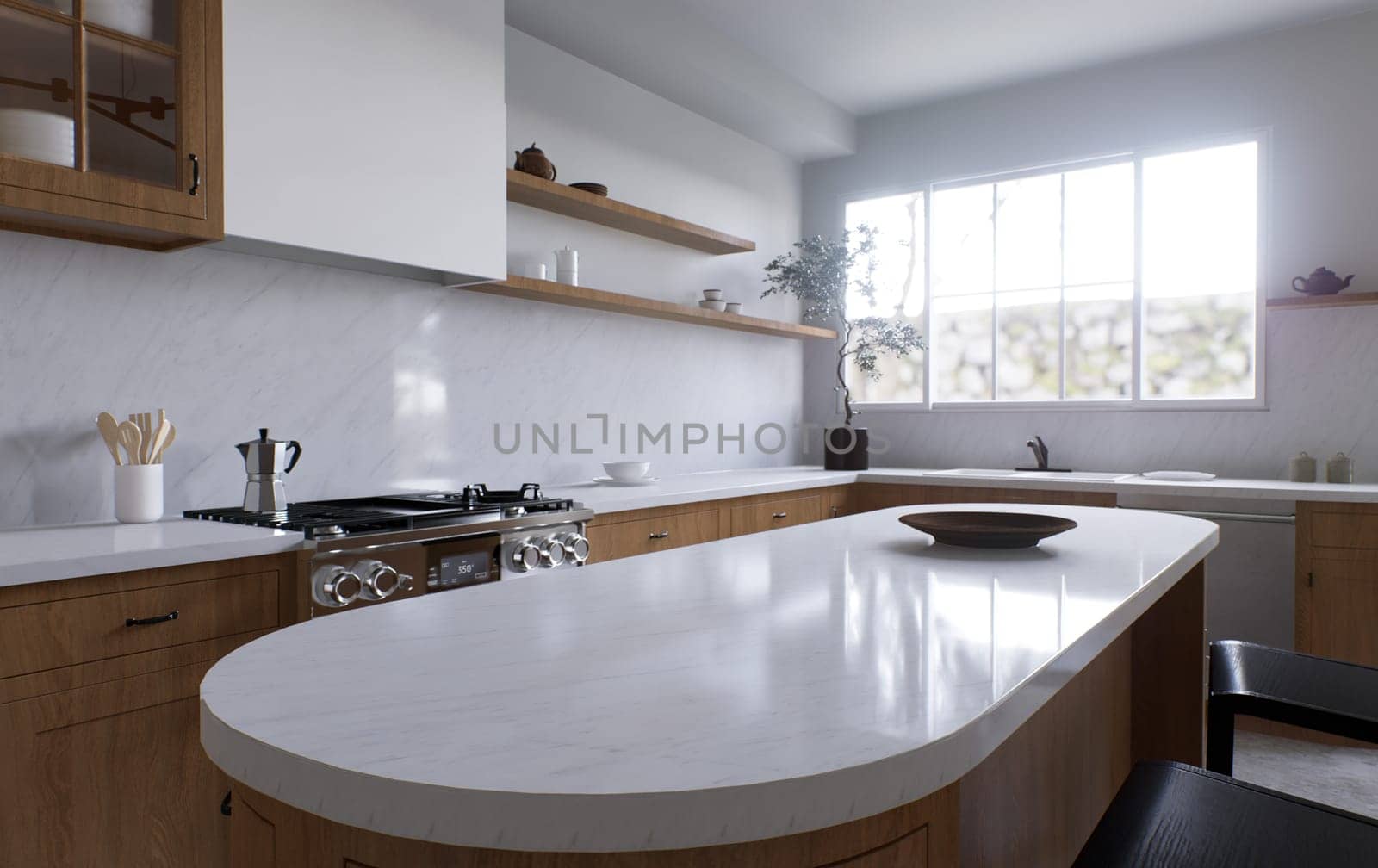 Spacious wooden kitchen with white marble. 3d rendering. A clean kitchen surface, appliances and kitchen utensils in the background.