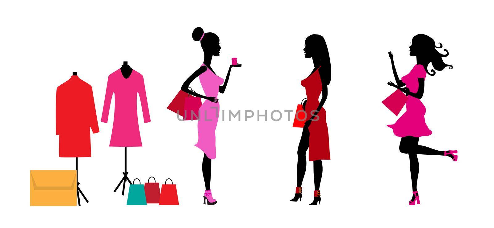 Big sale concept with three silhouettes Beautiful girls after shopping in boutiques.Vector Illustration. EPS10