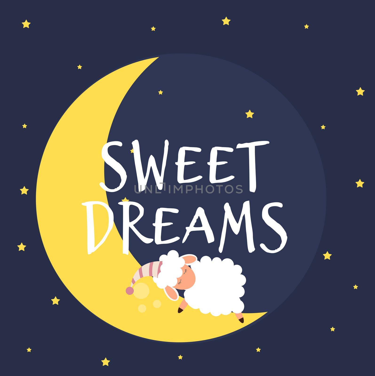 Cute little sheep on the night sky. Sweet dreams. vector illustration. EPS10