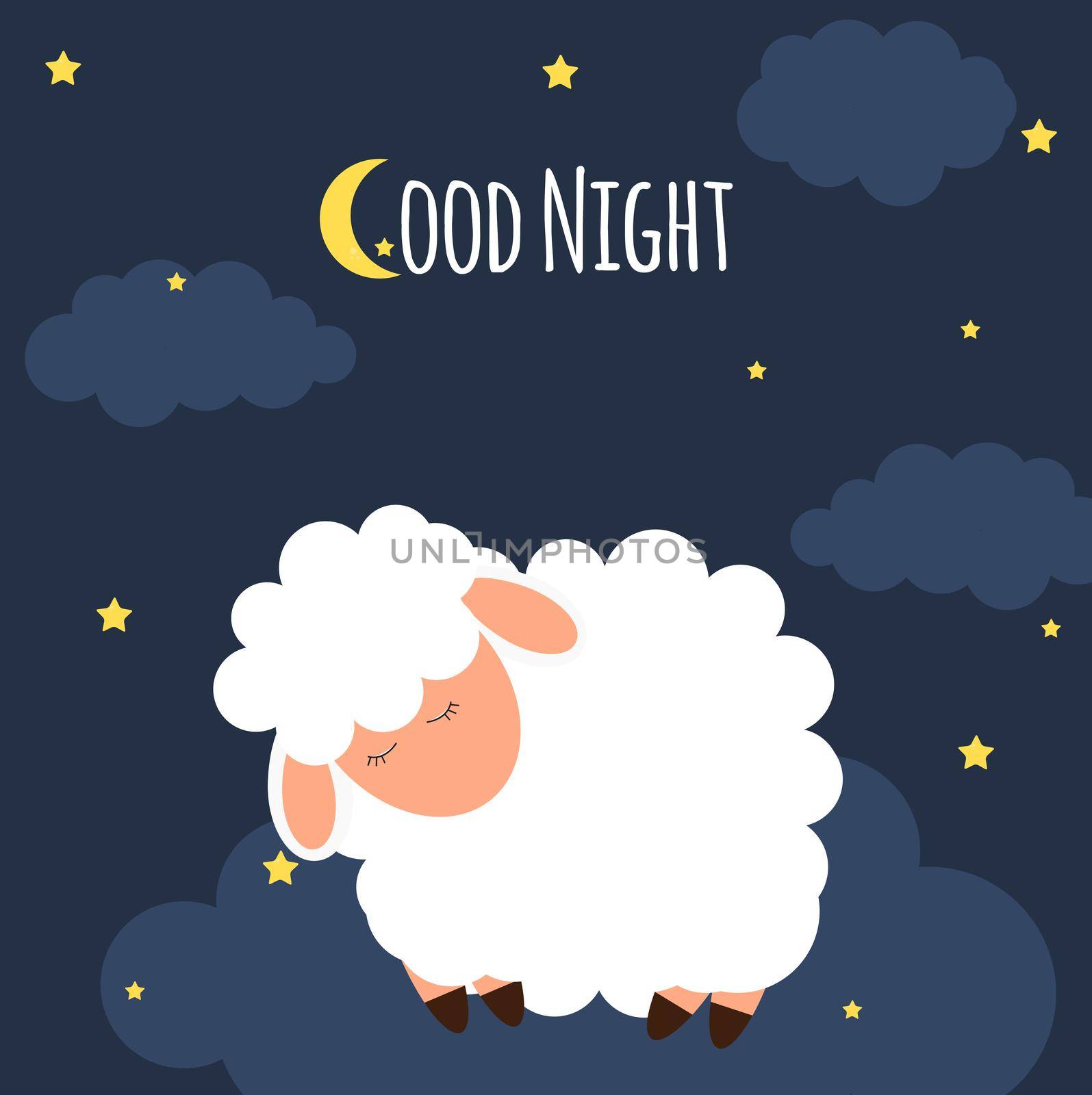 Cute little sheep on the night sky. Good night. vector illustration by yganko