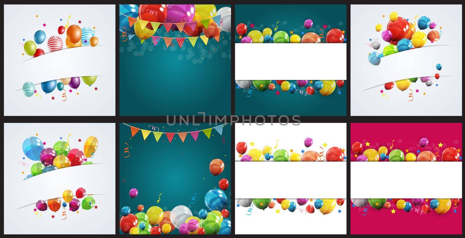 Color Glossy Happy Birthday Balloons Banner Background Collection Set Vector Illustration EPS10