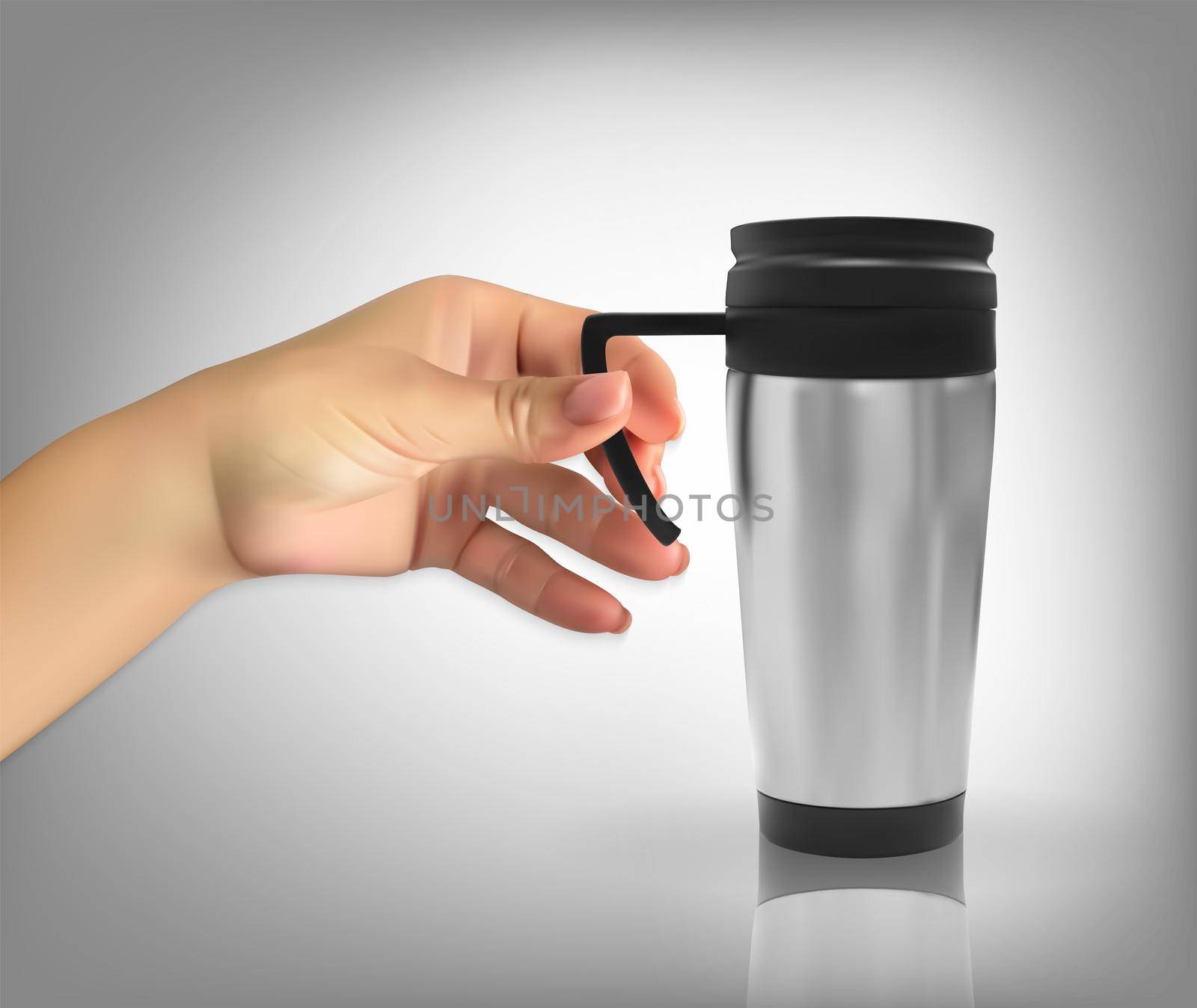 Man's naturalistic hand holds Realistic 3D model of thermos cup. Vector Illustration by yganko