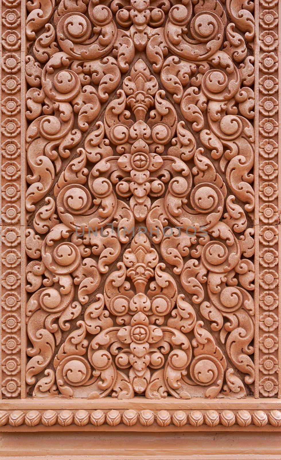 Wat Tham Phu Wa, Kanchanaburi, Thailand , May 12 2016 : Low relief sculpture, Thai pattern, wall mounted