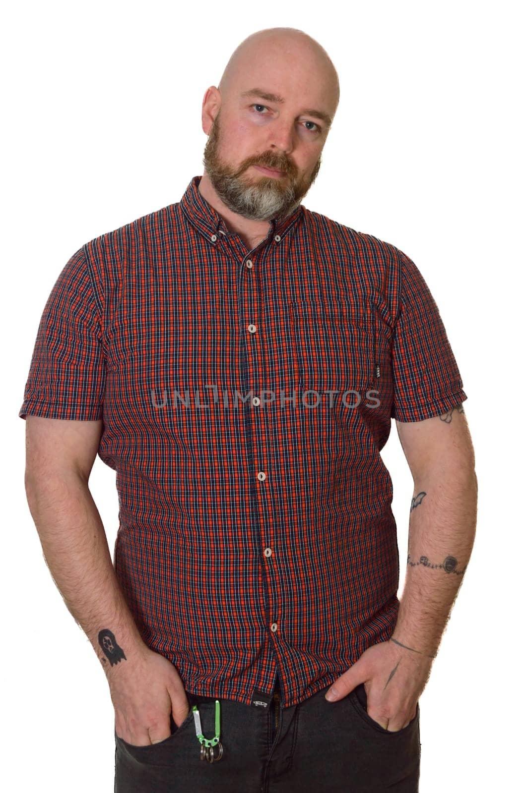 Tattooed Skinhead With Beard in Checked Shirt on White Background by RobertPB