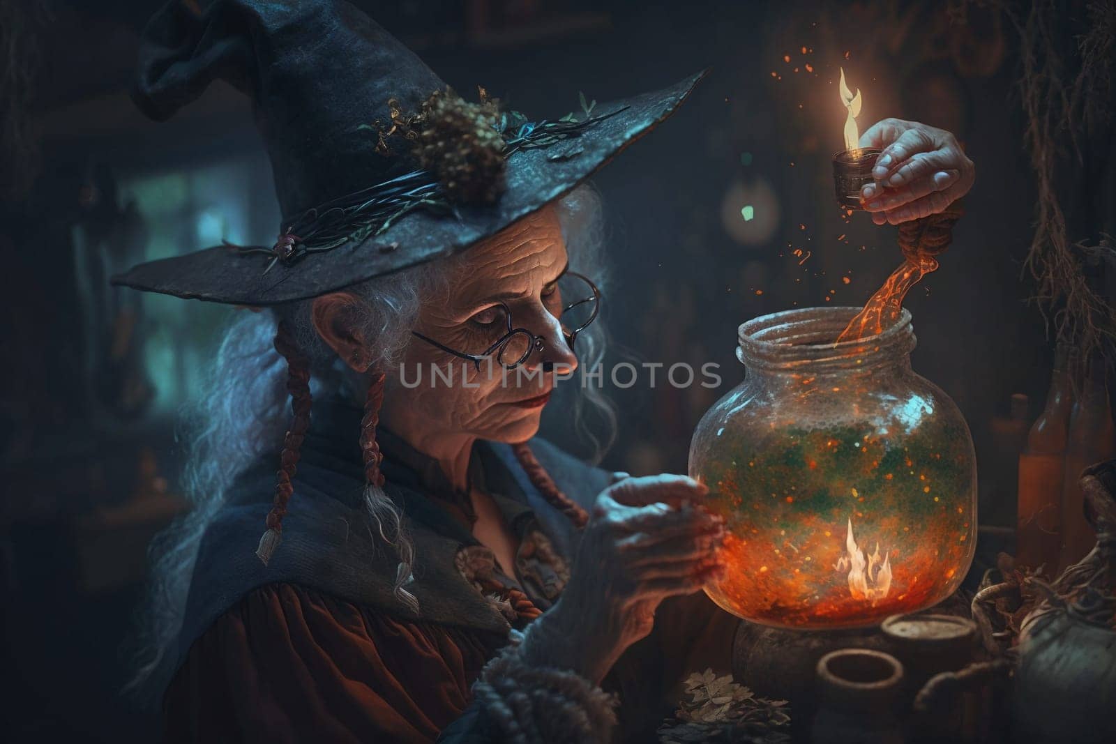 Witch with making witchcraft, magic spells, hat conjuring. Spooky dark magic forest . Magician. Wide Halloween party art design. Terrifying scary personage, beautiful sorceress.