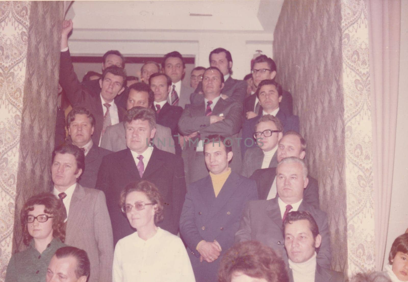 THE CZECHOSLOVAK SOCIALIST REPUBLIC - CIRCA 1980s: Vintage photo shows people pose indoors.Photography from communist era. Retro black and white photography. Circa 1980.