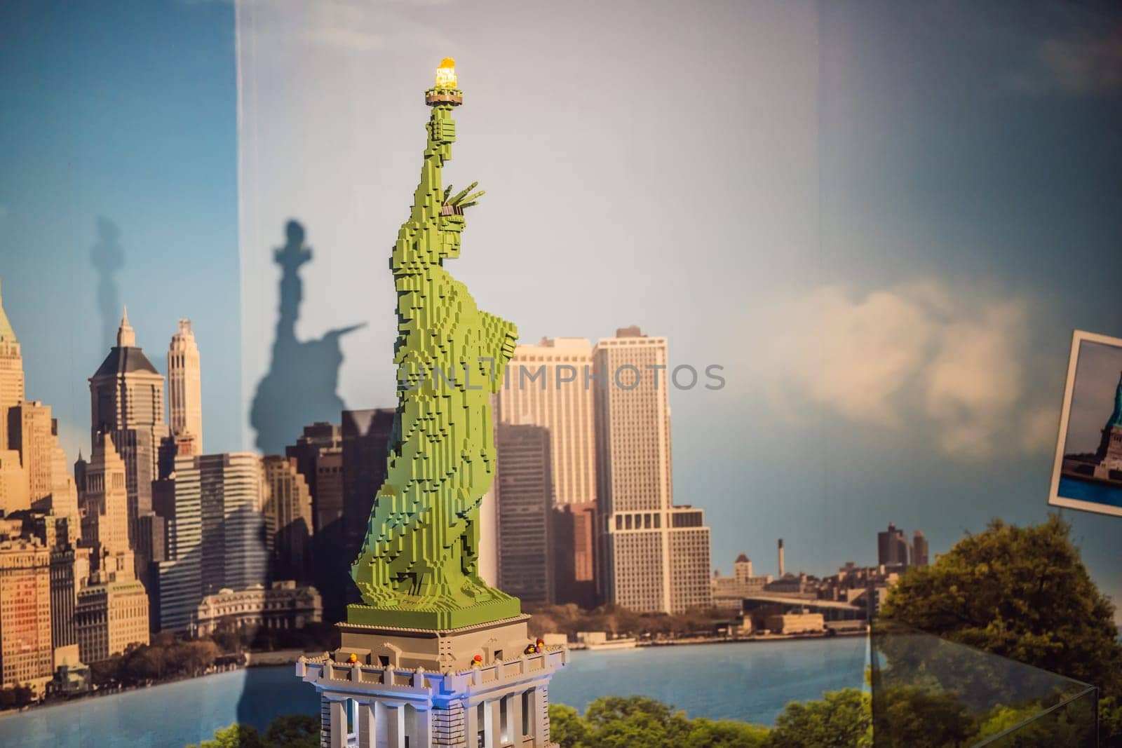 24.08.22 Istanbul, Turkey: Lego Liberty Statue, mini copy of liberty statue in lego architecture addition. Adult person gathers the lego, hobby for adults by galitskaya