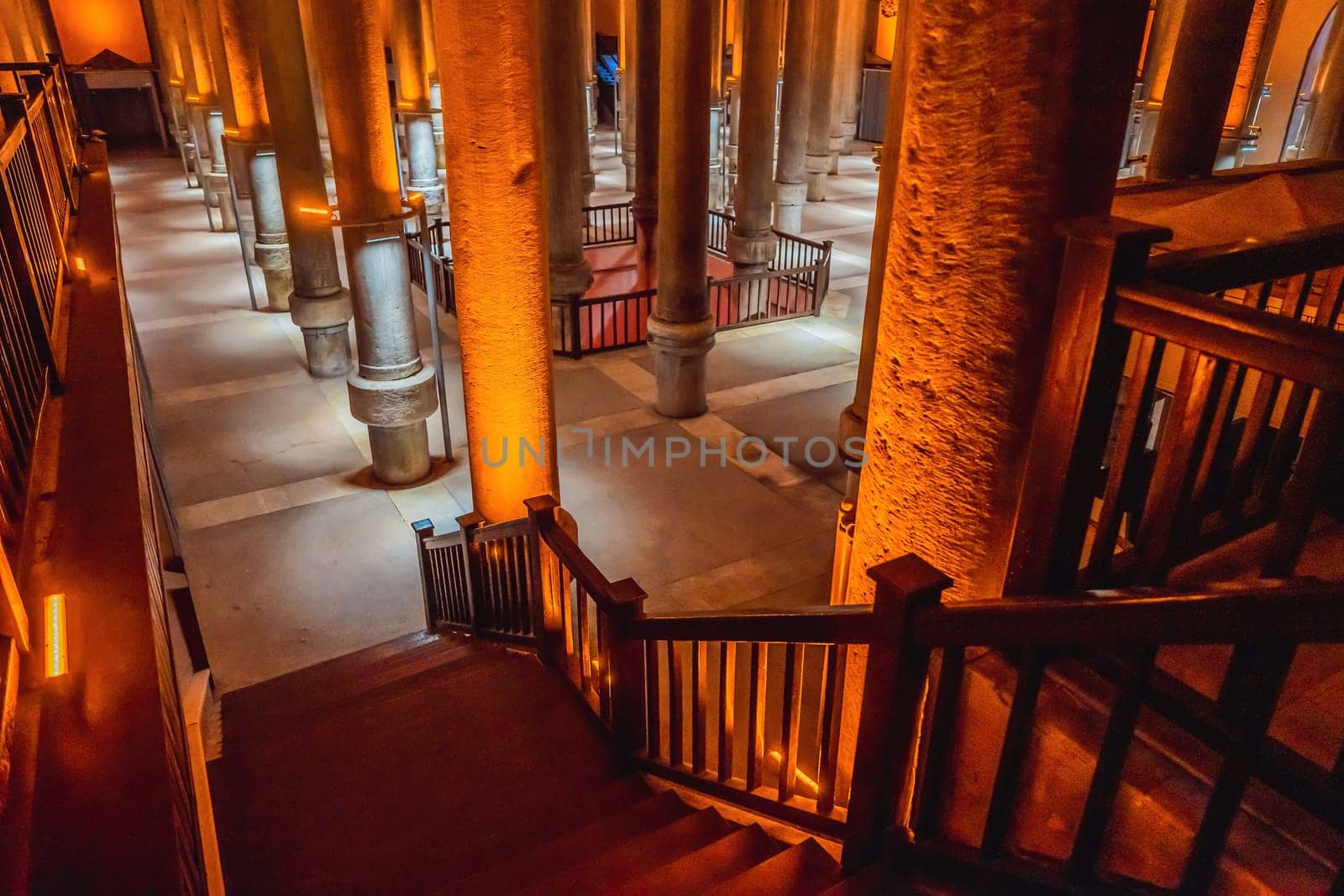 Beautiful cistern in Istanbul. Cistern - underground water reservoir build in 6th century, Istanbul, Turkey, Turkiye.