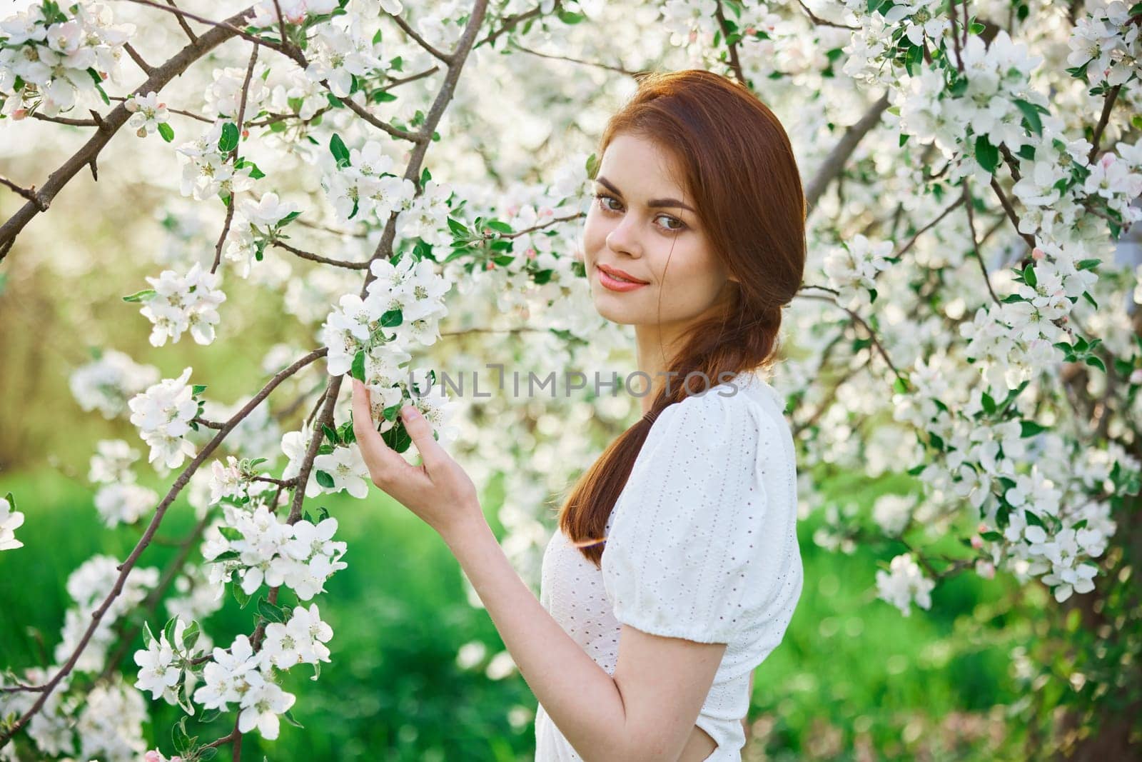 a beautiful woman in a light dress enjoys the spring while standing next to a flowering tree by Vichizh