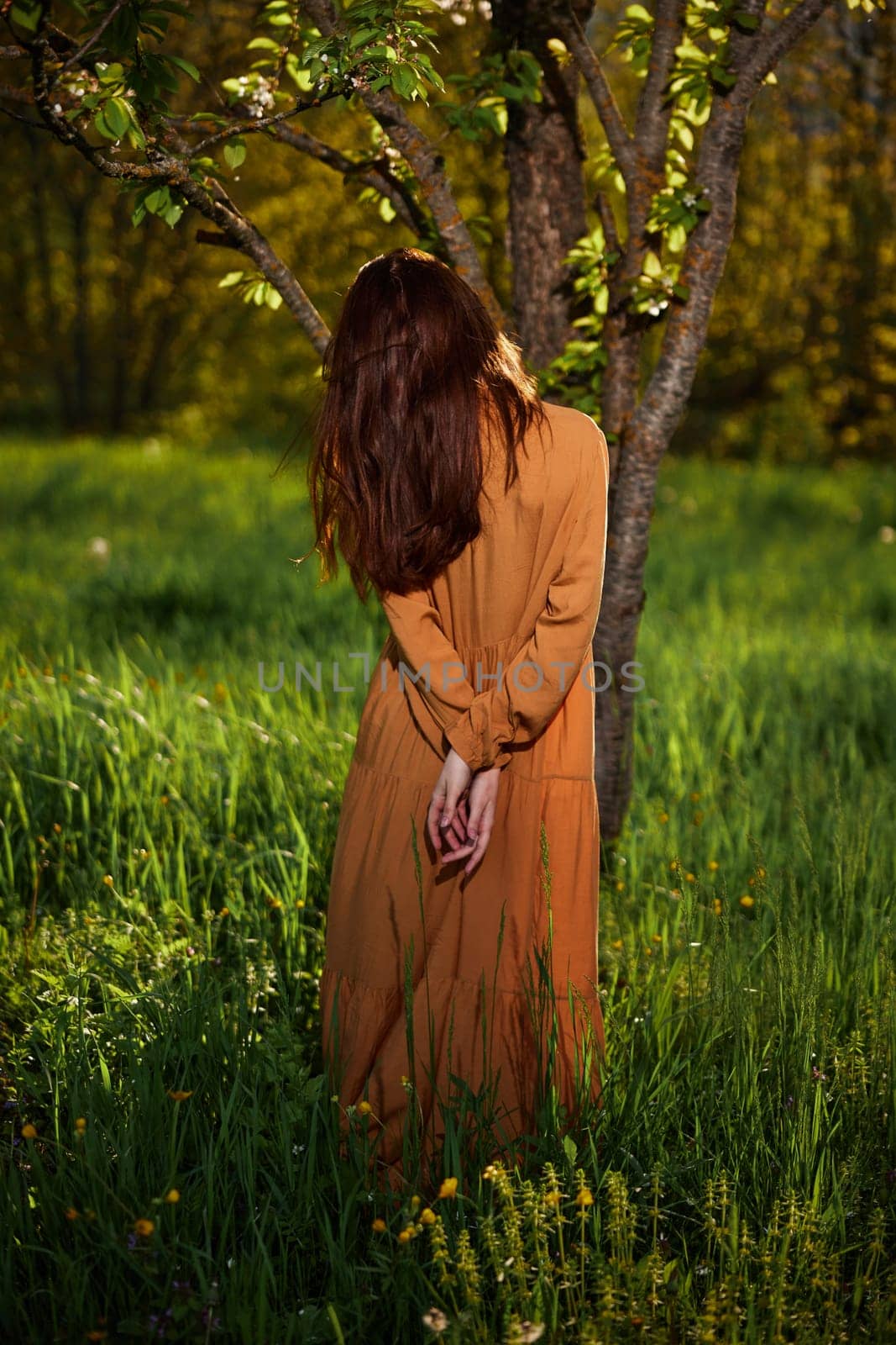 a sweet, attractive woman with long red hair stands in the countryside near a flowering tree in a long orange dress facing the camera with her hands folded on her back by Vichizh