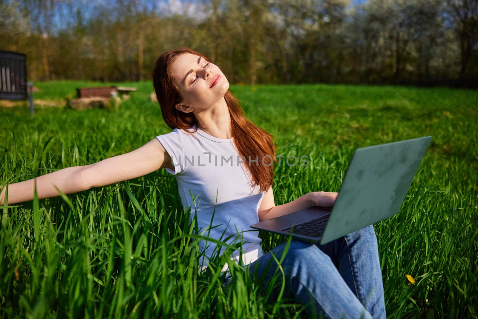 joyful woman works sitting in high grass behind a laptop raising her hand up. High quality photo