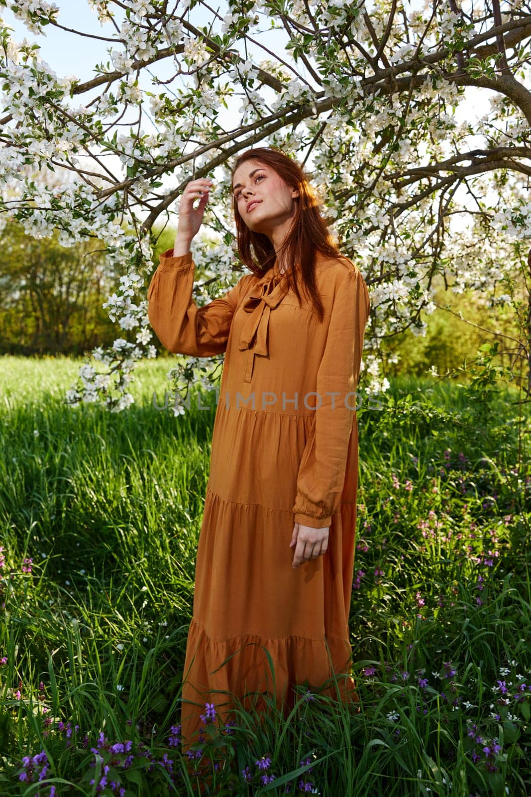 a happy, modest woman stands in an orange dress near a flowering tree and enjoys nature and a sunny summer day by Vichizh