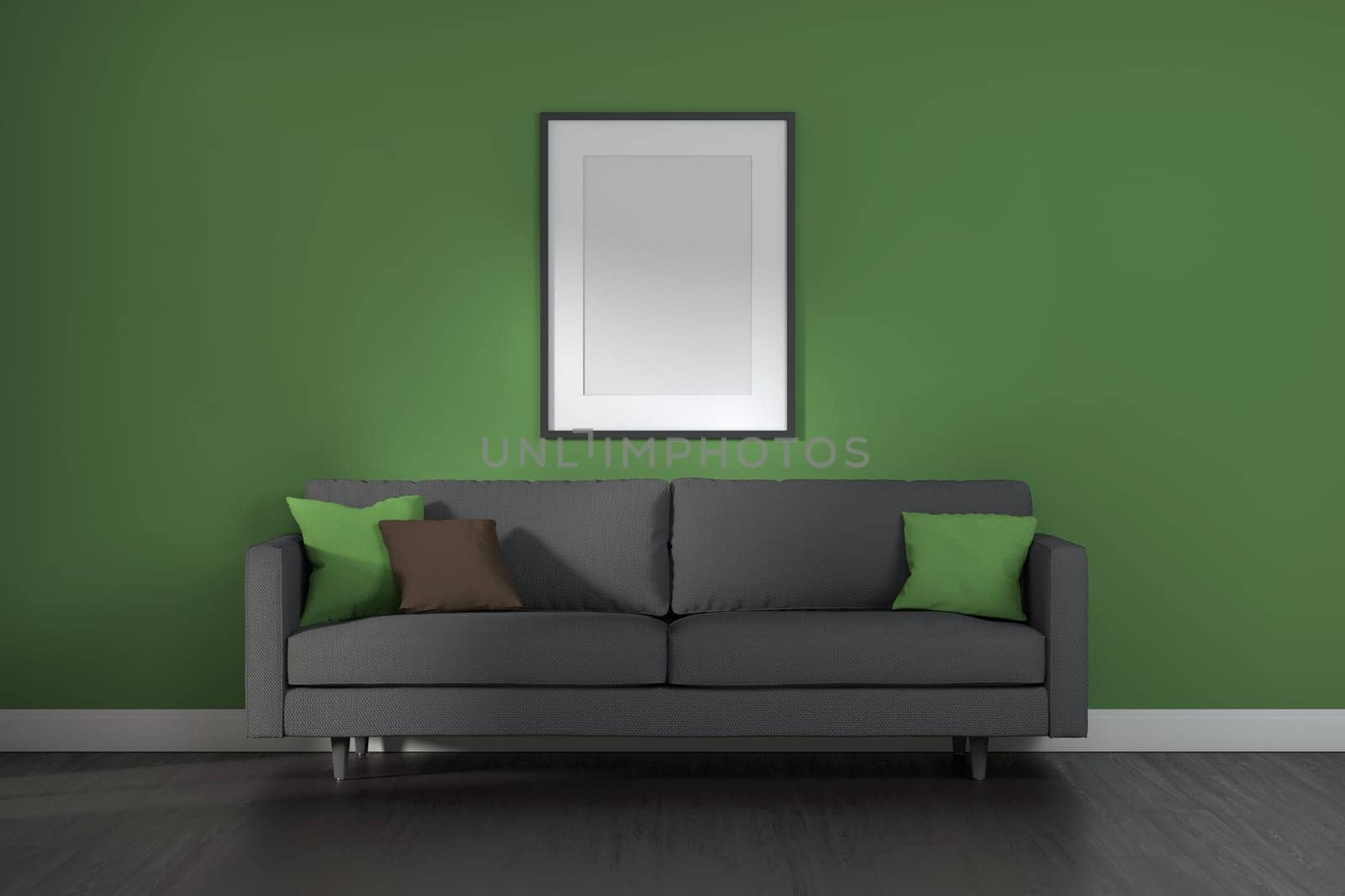 Living room interior with gray sofa, pillows, green plaid and frame on green wall background. 3D rendering.