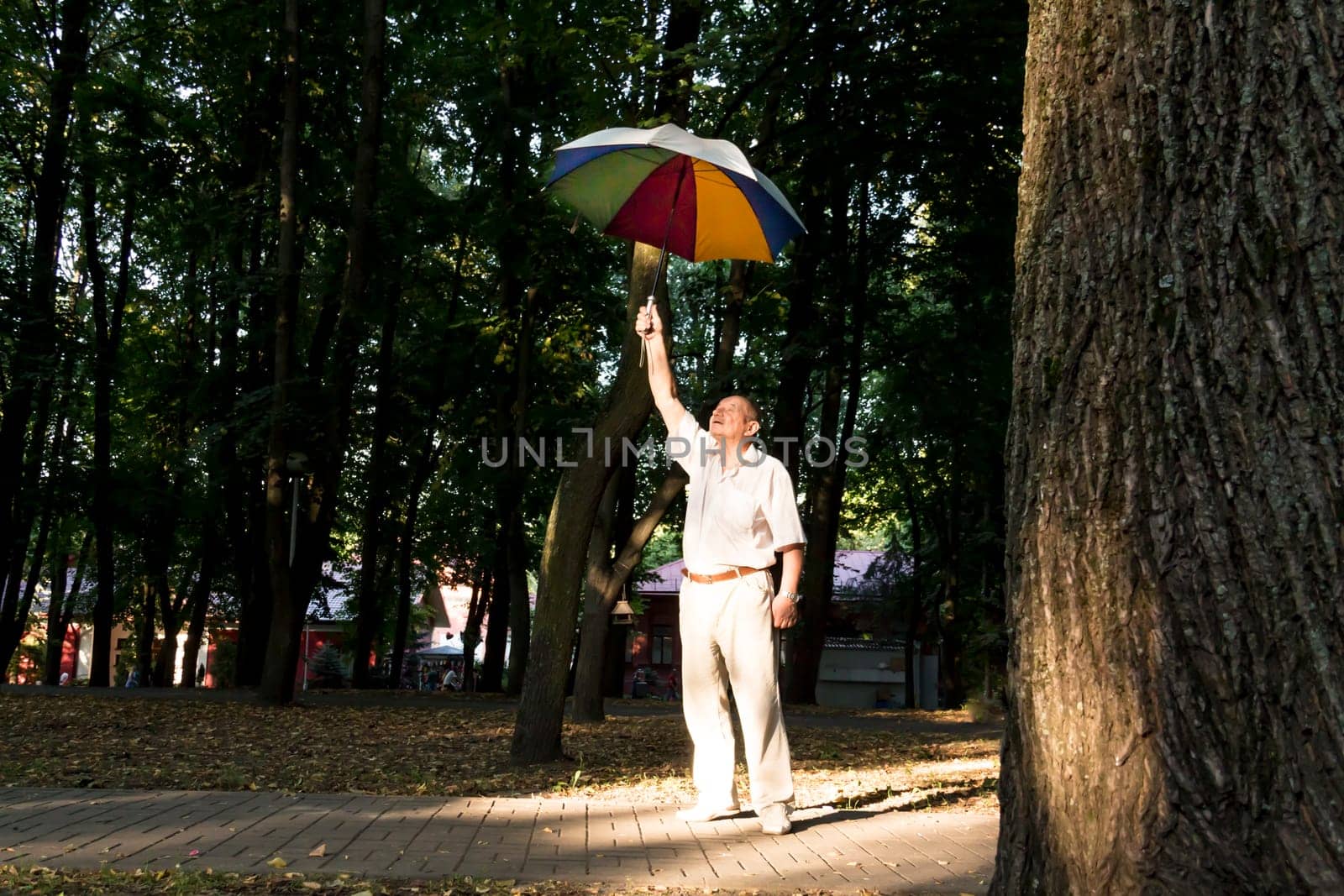 An elderly man stands under a large, multicolored umbrella. A pensioner on a walk in the park by Alla_Yurtayeva
