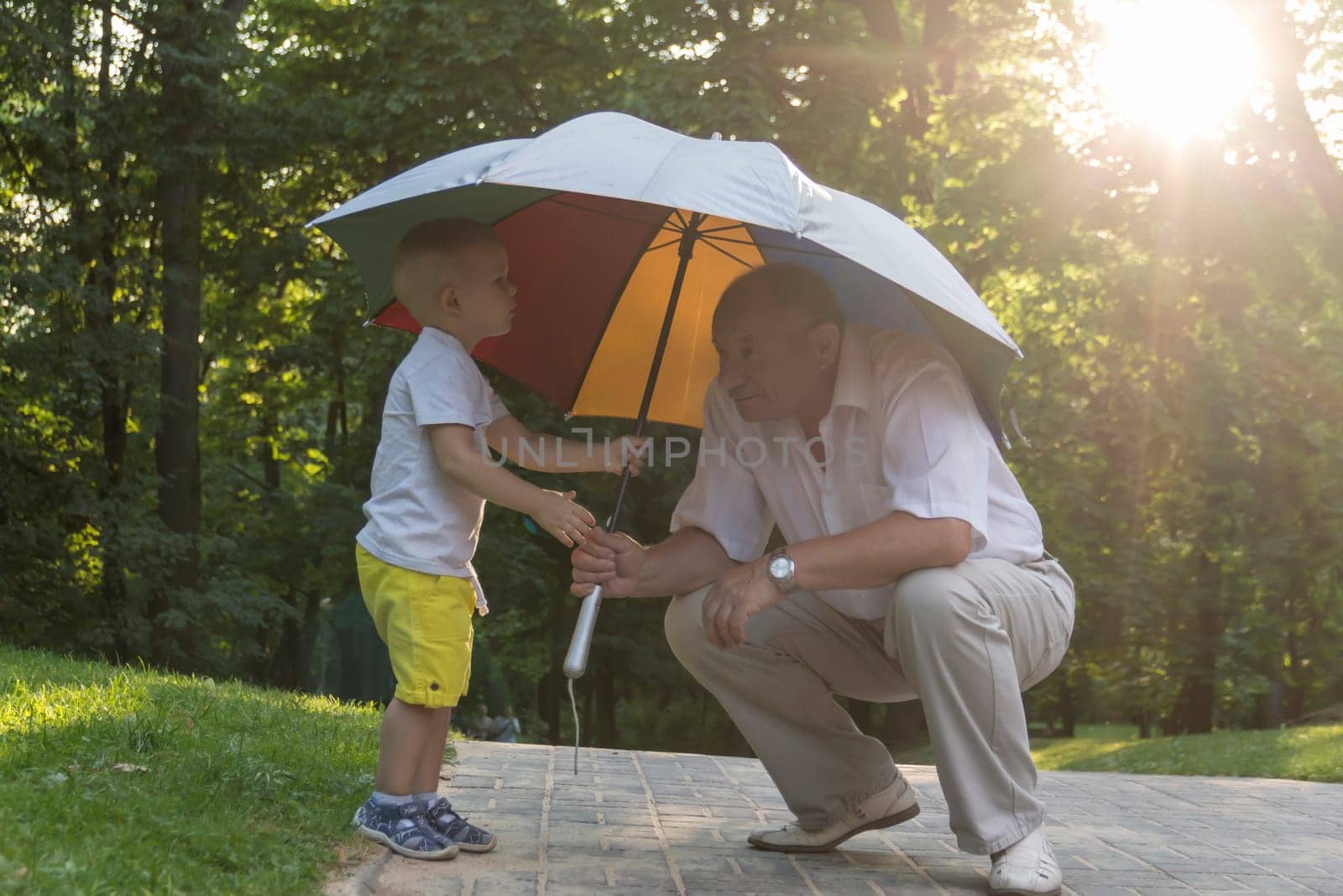 Grandson and grandfather to move out in the park under a bright umbrella at sunset. A pensioner and a little boy spend their free time on weekends together..