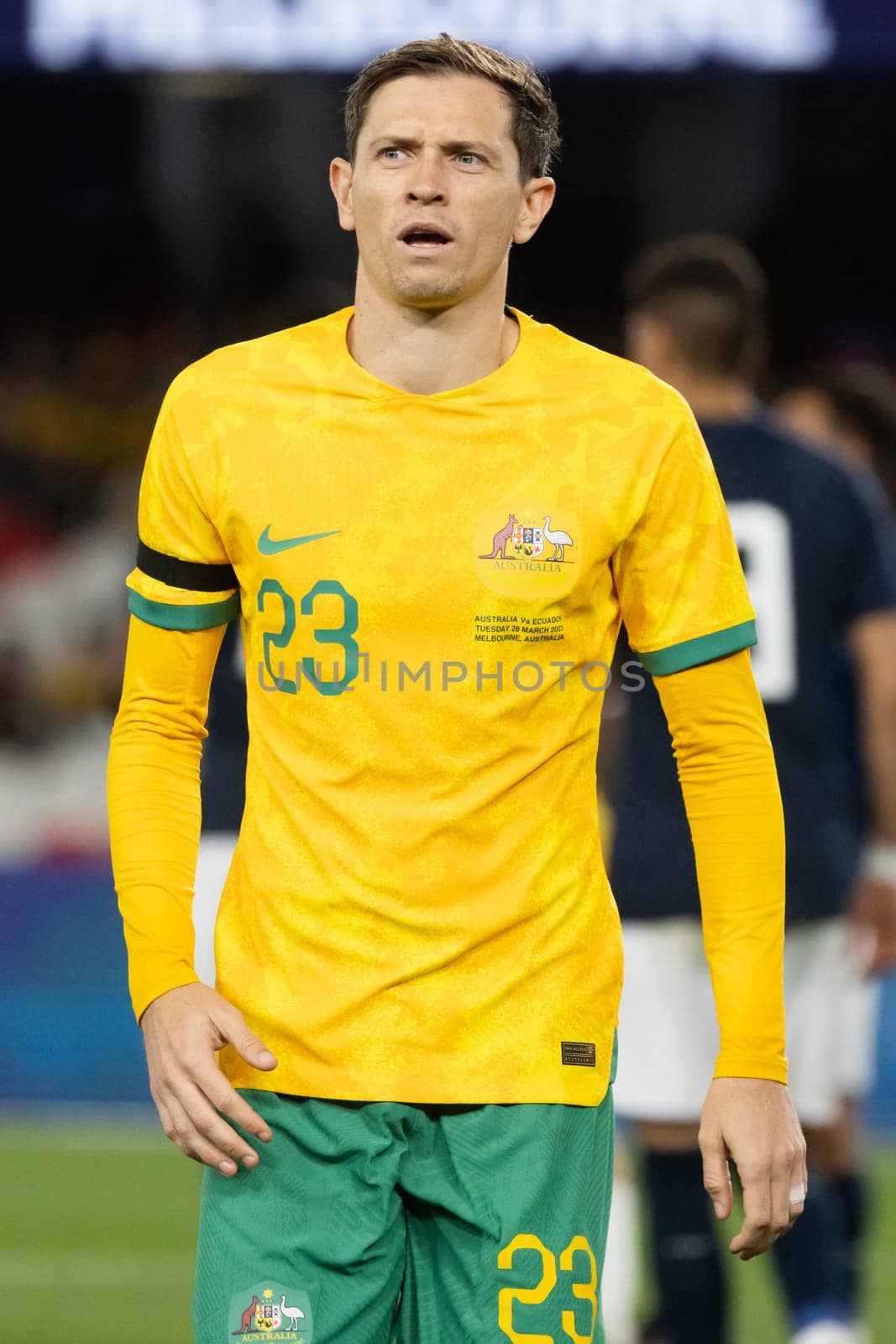 MELBOURNE, AUSTRALIA - MARCH 28: Craig Goodwin of Australia during an international friendly match between the Australia Socceroos and Ecuador at Marvel Stadium on March 28, 2023 in Melbourne, Australia.