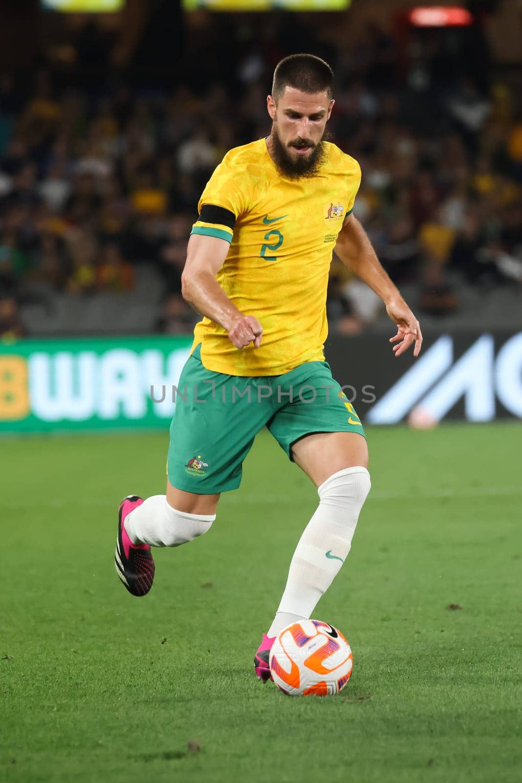 MELBOURNE, AUSTRALIA - MARCH 28: Milos Degenek of Australia during an international friendly match between the Australia Socceroos and Ecuador at Marvel Stadium on March 28, 2023 in Melbourne, Australia.