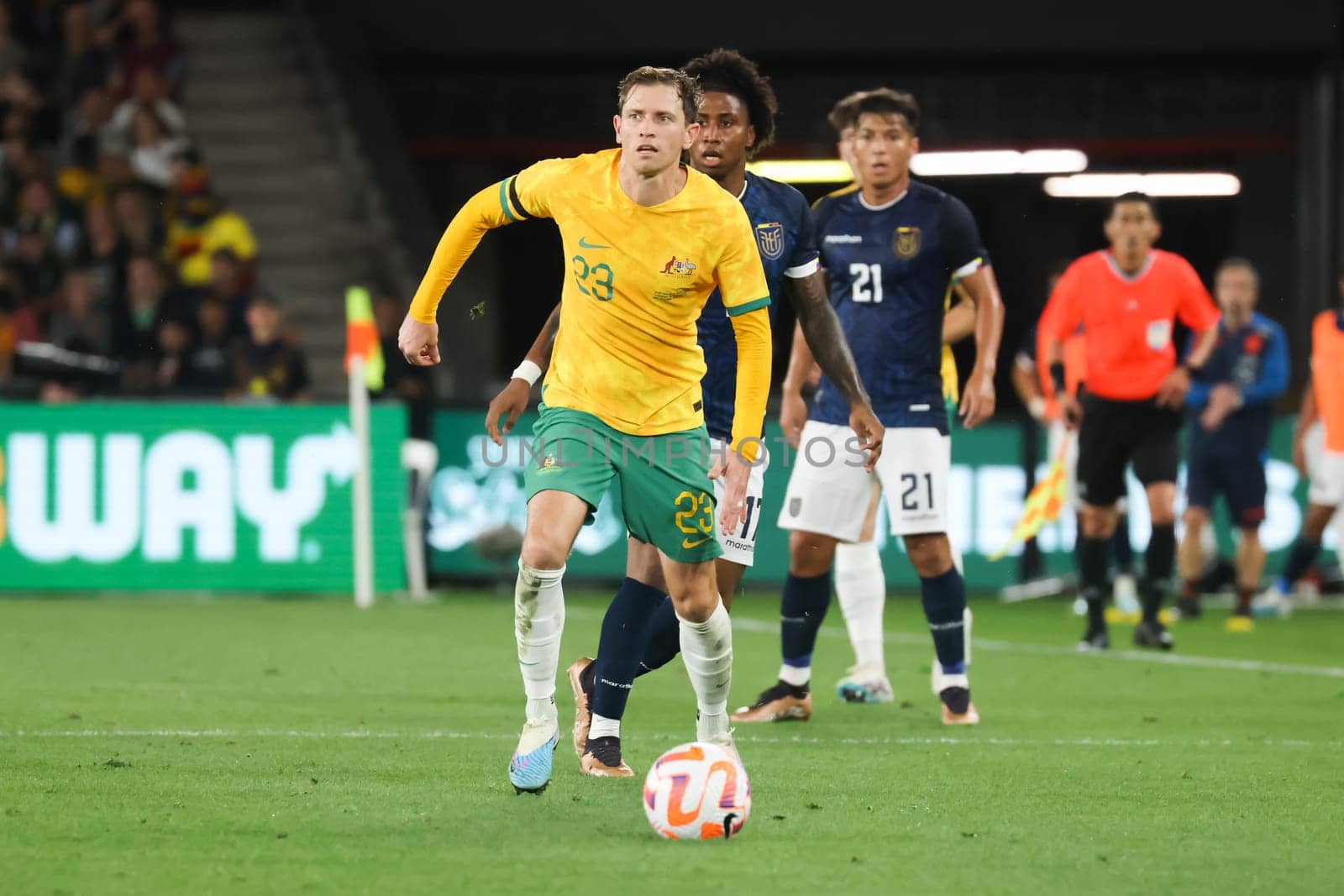 MELBOURNE, AUSTRALIA - MARCH 28: Craig Goodwin of Australia during an international friendly match between the Australia Socceroos and Ecuador at Marvel Stadium on March 28, 2023 in Melbourne, Australia.