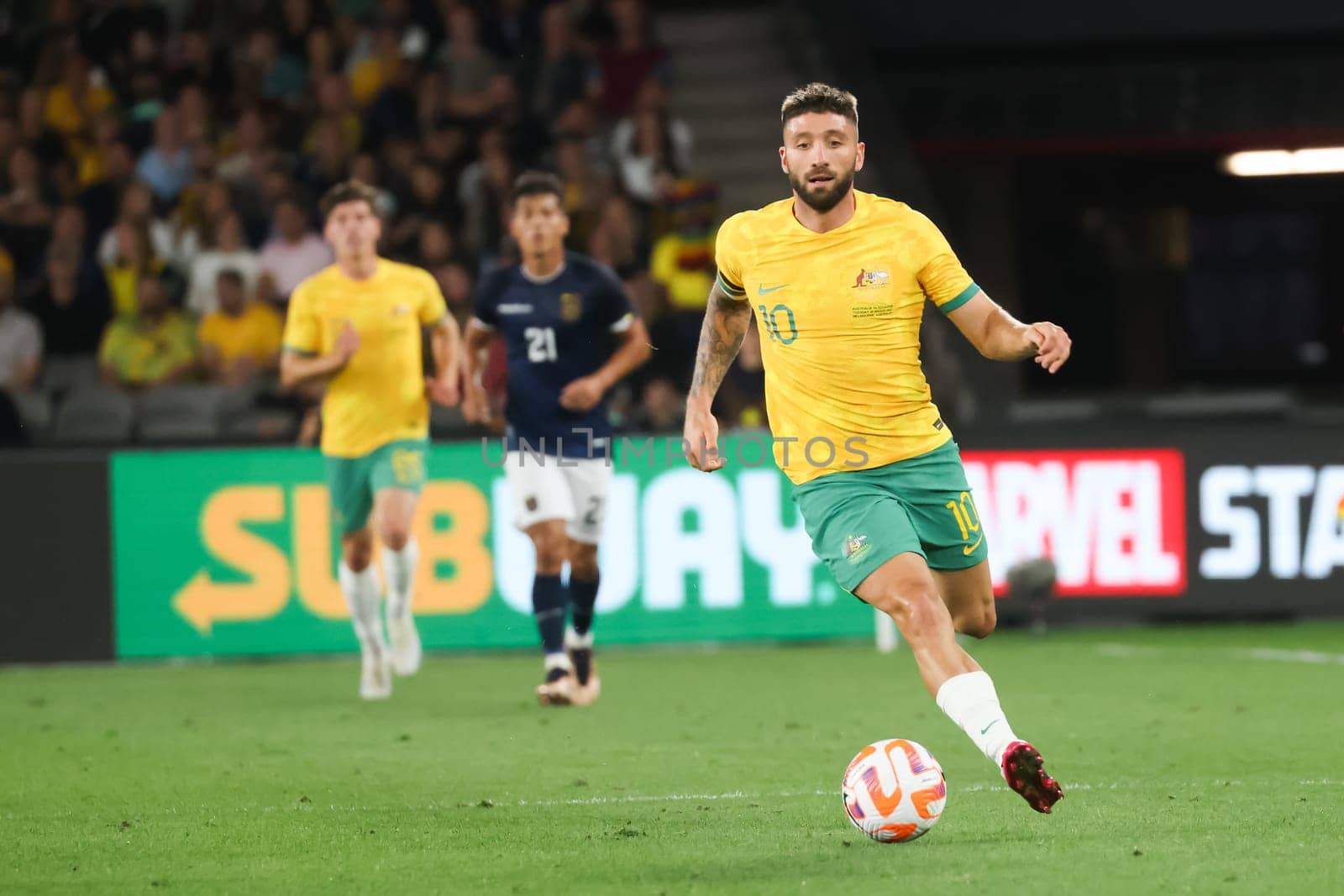 MELBOURNE, AUSTRALIA - MARCH 28: Brandon Borrello of Australia during an international friendly match between the Australia Socceroos and Ecuador at Marvel Stadium on March 28, 2023 in Melbourne, Australia.