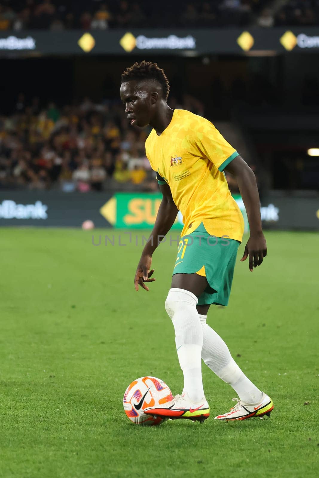 MELBOURNE, AUSTRALIA - MARCH 28: Garang Kuol of Australia during an international friendly match between the Australia Socceroos and Ecuador at Marvel Stadium on March 28, 2023 in Melbourne, Australia.