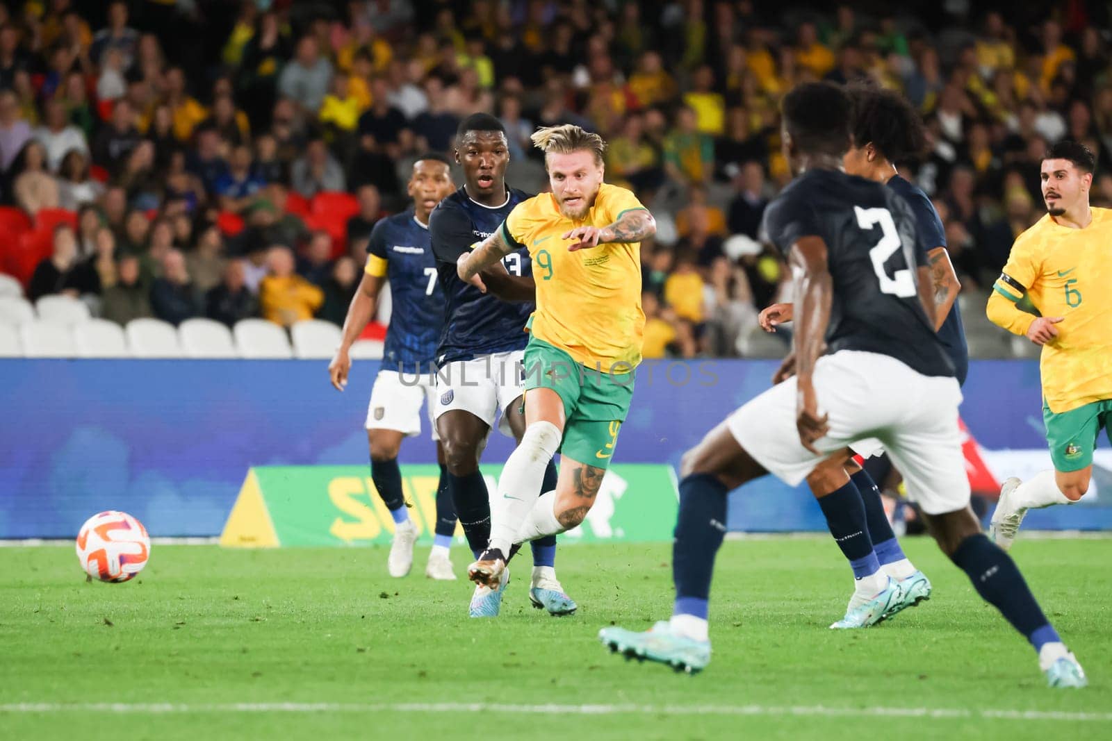 MELBOURNE, AUSTRALIA - MARCH 28: Jason Cummings of Australia during an international friendly match between the Australia Socceroos and Ecuador at Marvel Stadium on March 28, 2023 in Melbourne, Australia.