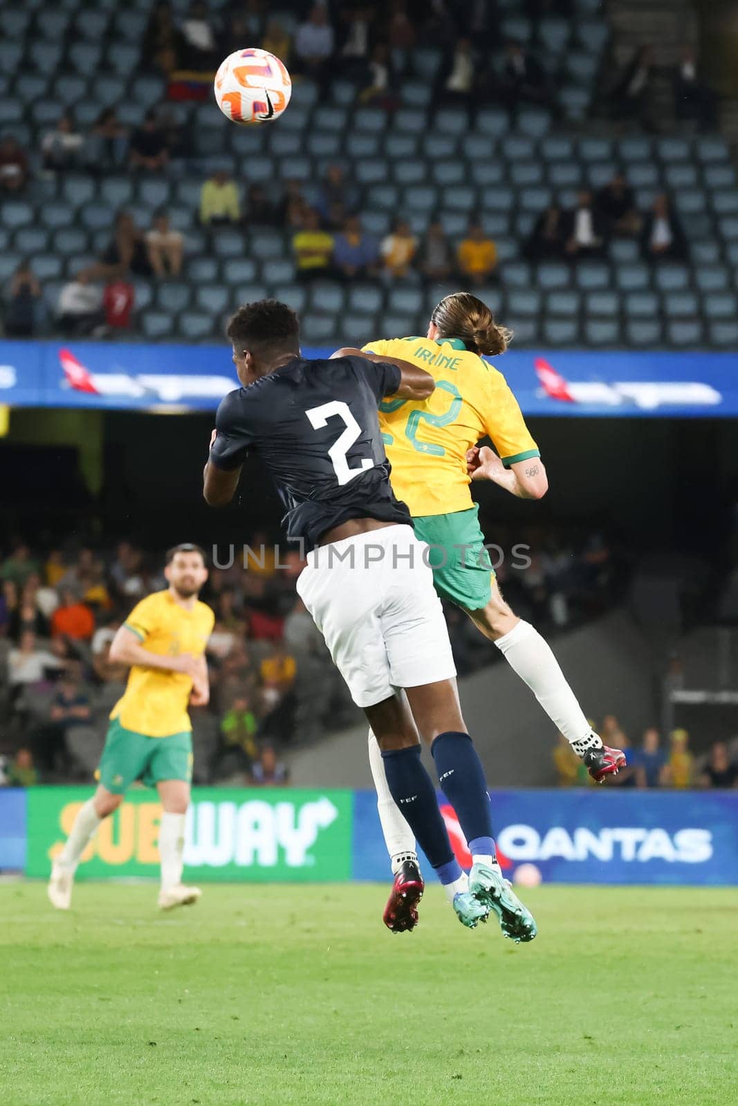 MELBOURNE, AUSTRALIA - MARCH 28: Jackson Irvine of Australia battles with Felix Torres of Ecuador during an international friendly match between the Australia Socceroos and Ecuador at Marvel Stadium on March 28, 2023 in Melbourne, Australia.