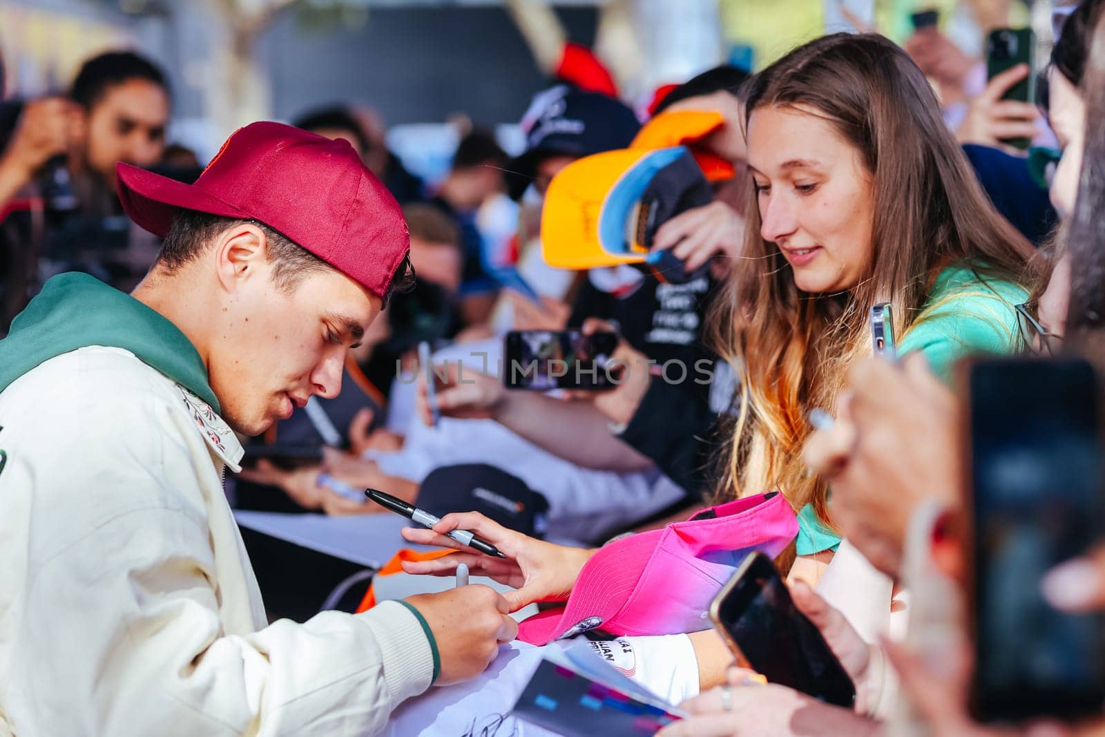 MELBOURNE, AUSTRALIA - MARCH 30: Lando Norris of Great Britain meets fans at the 2023 Australian Formula 1 Grand Prix on 30th March 2023