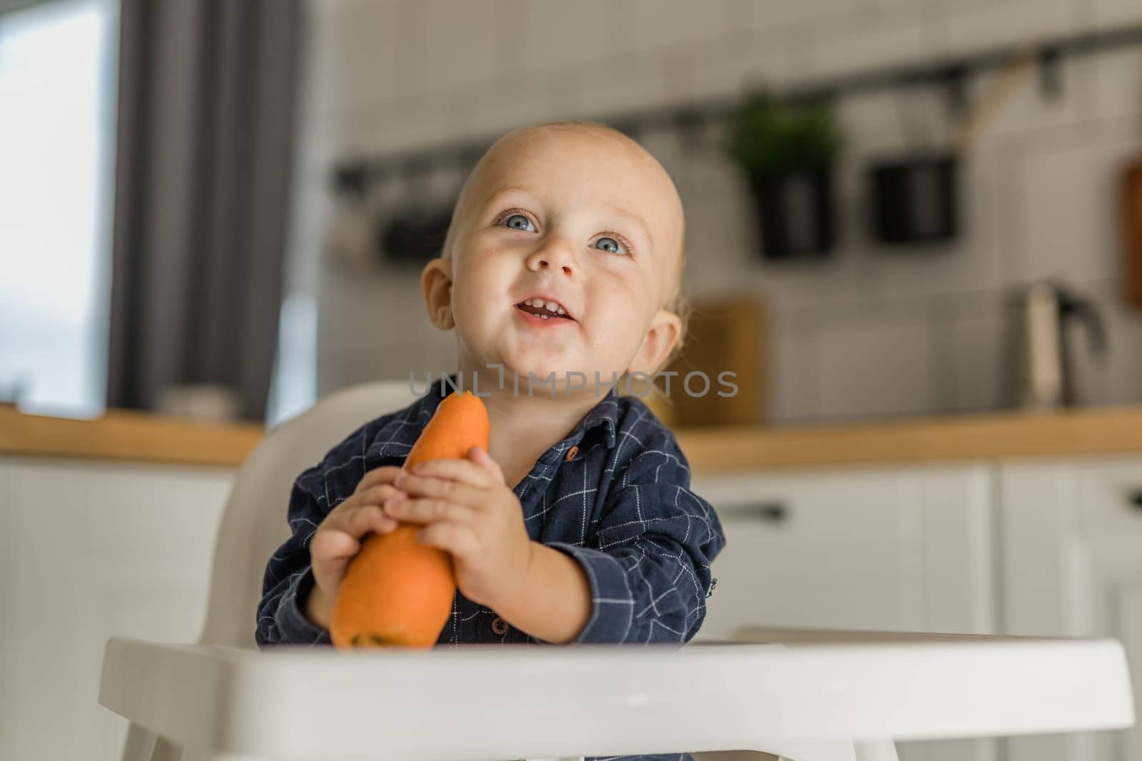 Happy baby sitting in high chair eating carrot in kitchen. Healthy nutrition for kids. Bio carrot as first solid food for infant. Children eat vegetables. Little boy biting raw vegetable