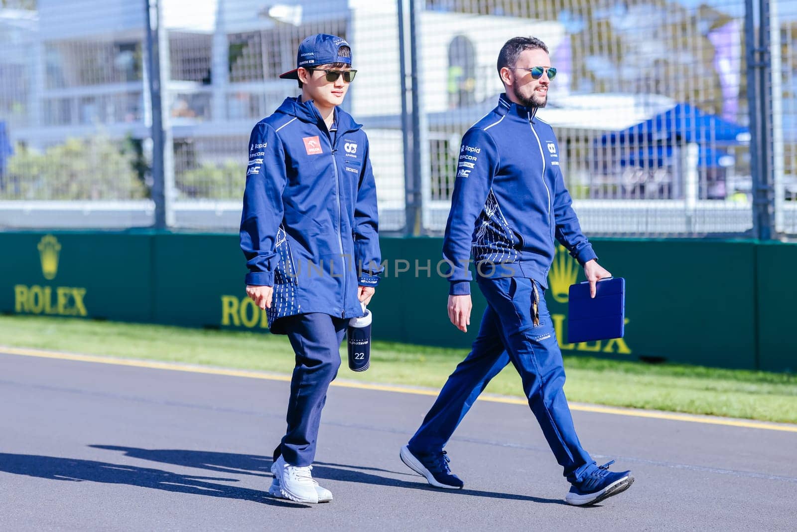 MELBOURNE, AUSTRALIA - MARCH 29: Yuki Tsunoda of Japan inspecting the circuit before the 2023 Australian Formula 1 Grand Prix on 29th March 2023