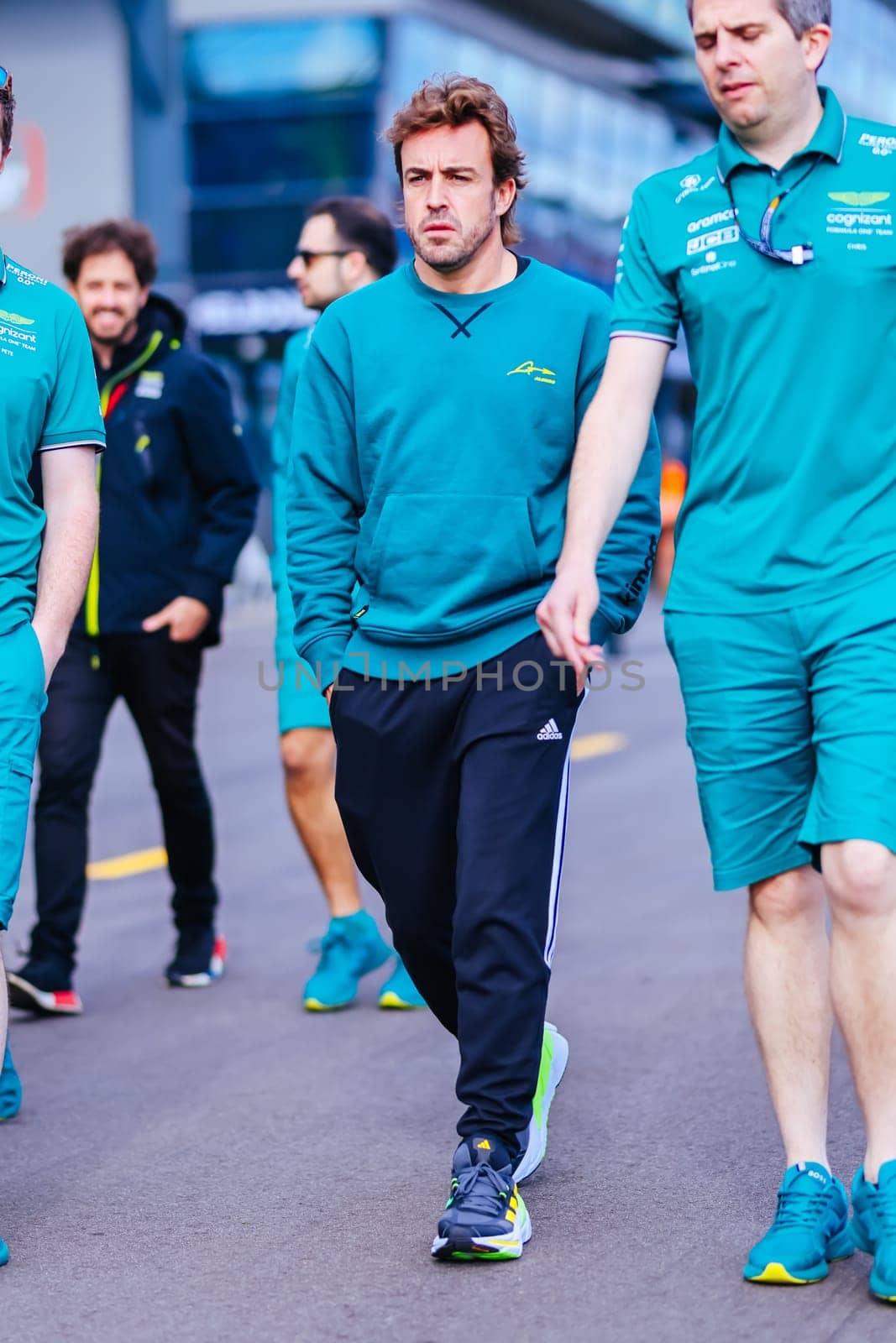 MELBOURNE, AUSTRALIA - MARCH 29: Fernando Alonso of Spain inspecting the circuit before the 2023 Australian Formula 1 Grand Prix on 29th March 2023