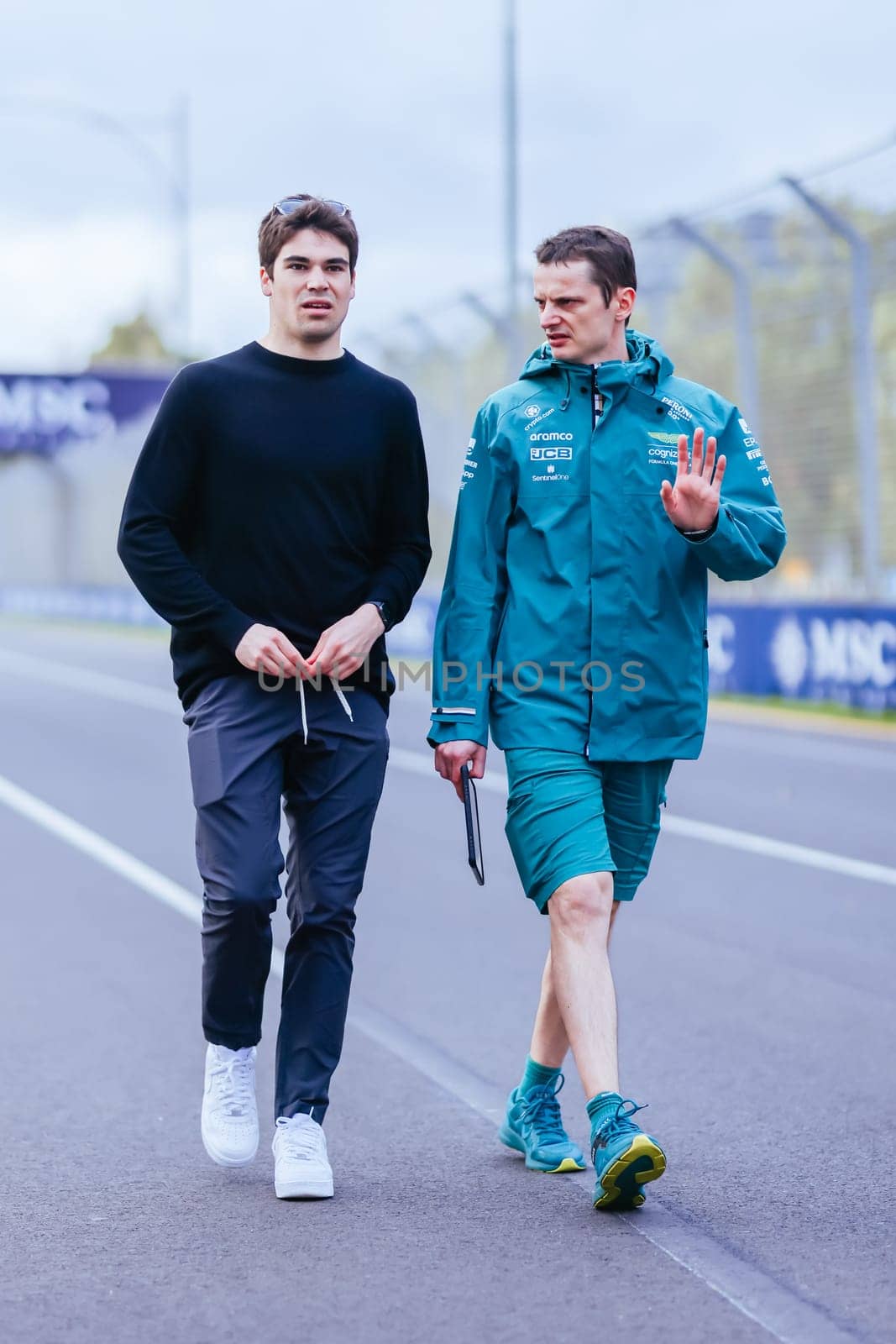 MELBOURNE, AUSTRALIA - MARCH 29: Lance Stroll of Canada inspecting the circuit before the 2023 Australian Formula 1 Grand Prix on 29th March 2023