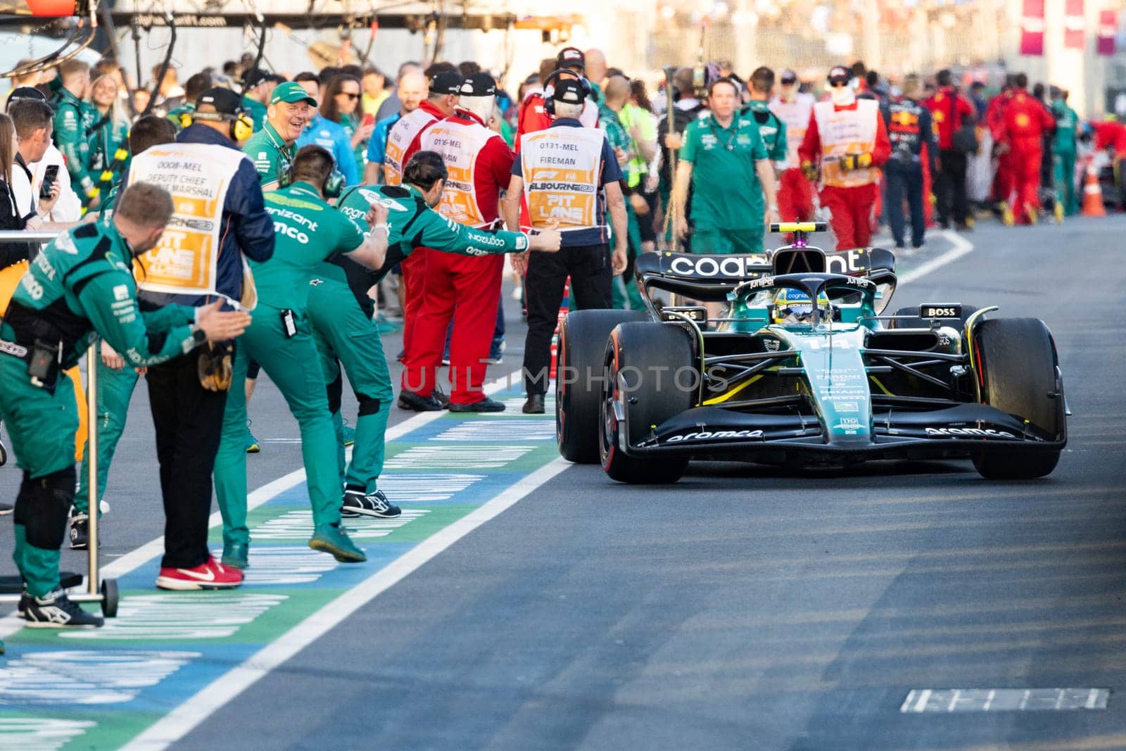 MELBOURNE, AUSTRALIA - APRIL 2: Fernando Alonso of Spain celebrates his 3rd place for Aston Martin Aramco Cognizant Formula One Team on race day during the 2023 Australian Grand Prix at Albert Park on April 2, 2023 in Melbourne, Australia.