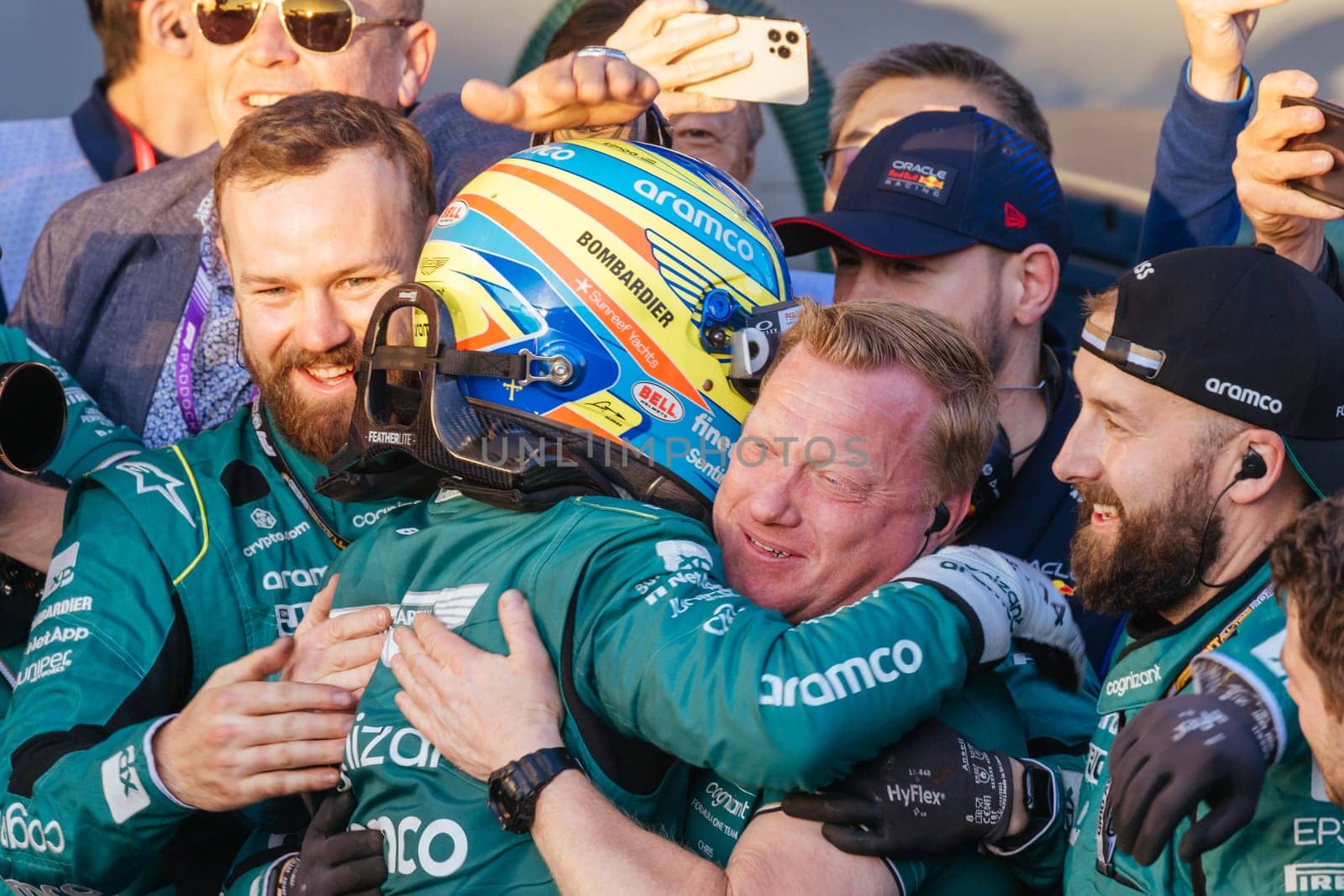 MELBOURNE, AUSTRALIA - APRIL 2: Fernando Alonso of Spain celebrates his 3rd place for Aston Martin Aramco Cognizant Formula One Team on race day during the 2023 Australian Grand Prix at Albert Park on April 2, 2023 in Melbourne, Australia.