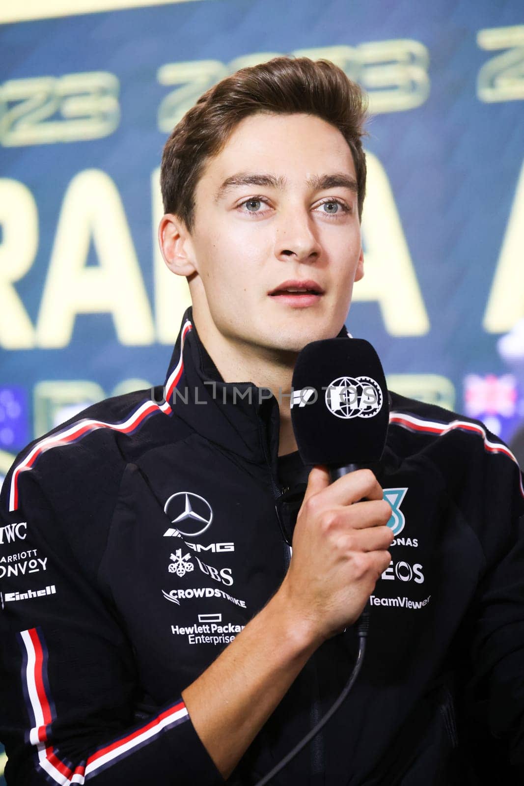 MELBOURNE, AUSTRALIA - MARCH 30: George Russell of Great Britain during a press conference at the 2023 Australian Formula 1 Grand Prix on 30th March 2023