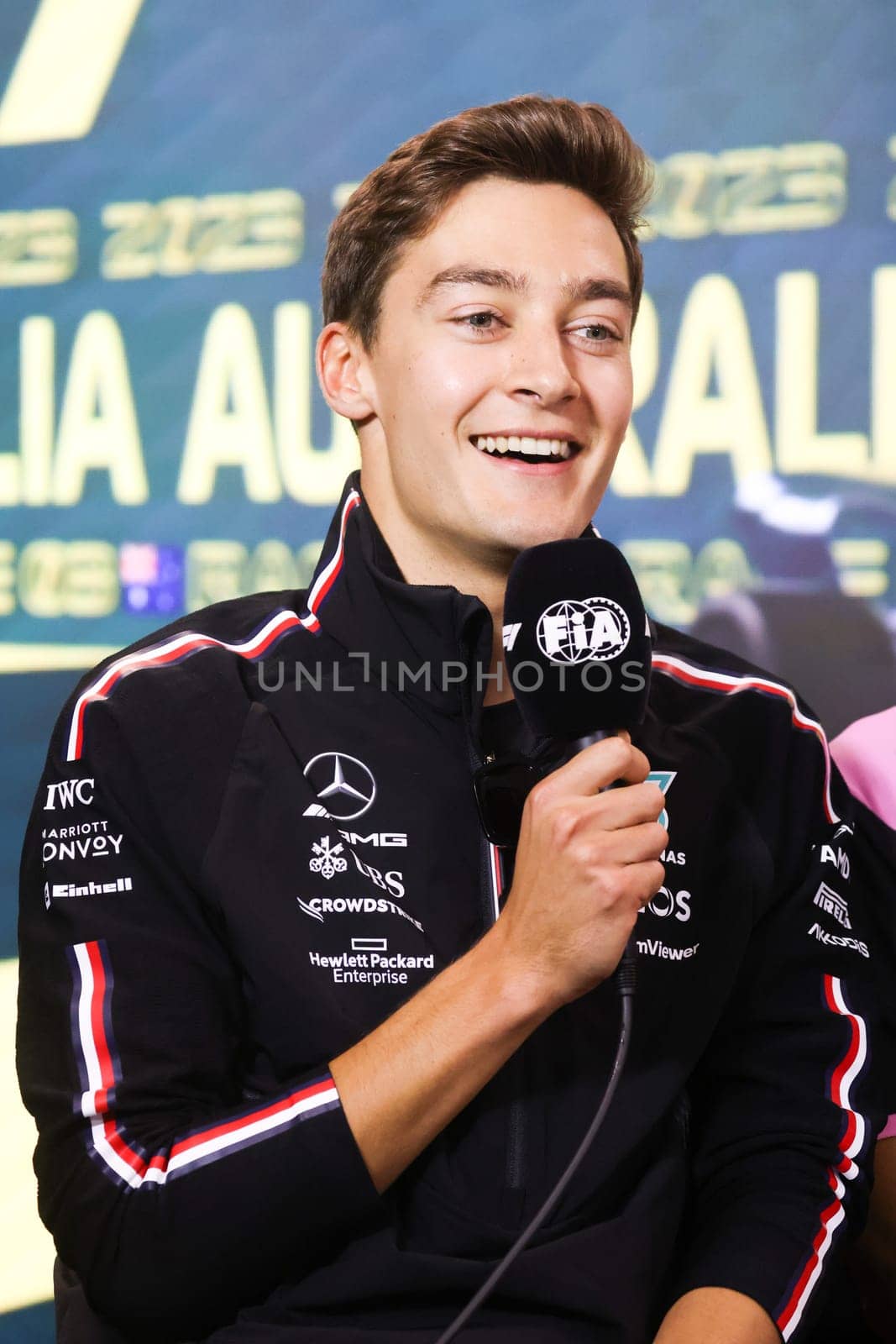 MELBOURNE, AUSTRALIA - MARCH 30: George Russell of Great Britain during a press conference at the 2023 Australian Formula 1 Grand Prix on 30th March 2023