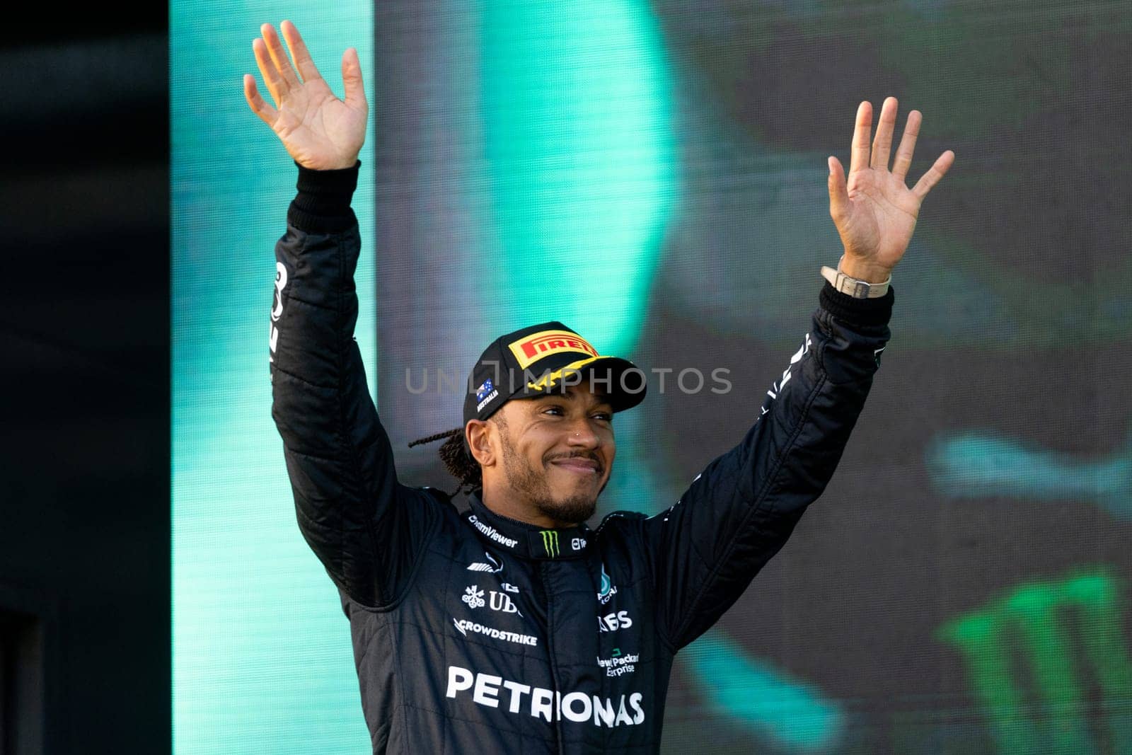 MELBOURNE, AUSTRALIA - APRIL 2: Lewis Hamilton of Great Britain and Mercedes-AMG PETRONAS Formula One Team celebrates 2nd place at the 2023 Australian Formula 1 Grand Prix on 2nd April 2023