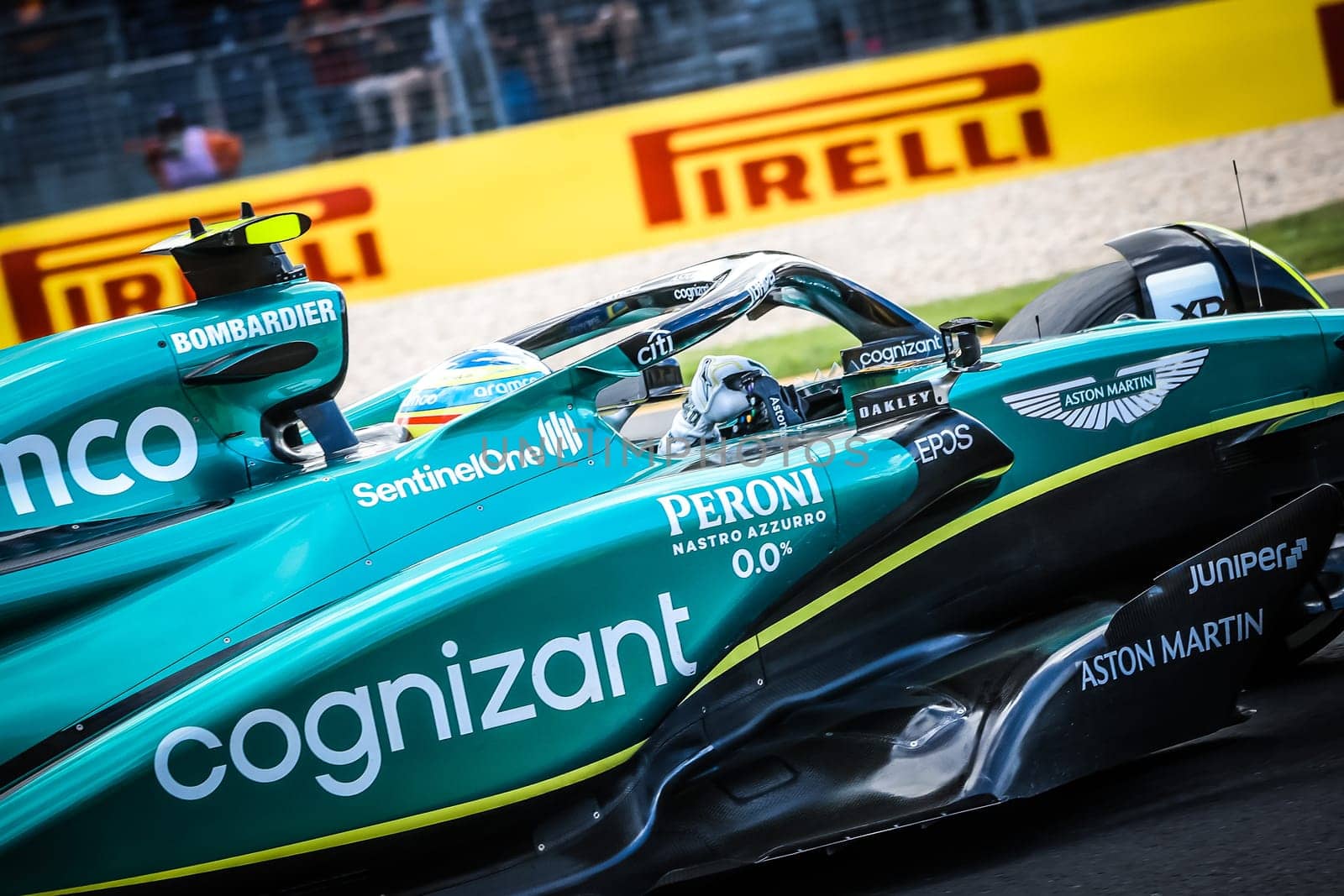 MELBOURNE, AUSTRALIA - MARCH 31: Fernando Alonso of Spain drives the Aston Martin AMR23 Mercedes during practice at the 2023 Australian Grand Prix at Albert Park in Melbourne, Australia