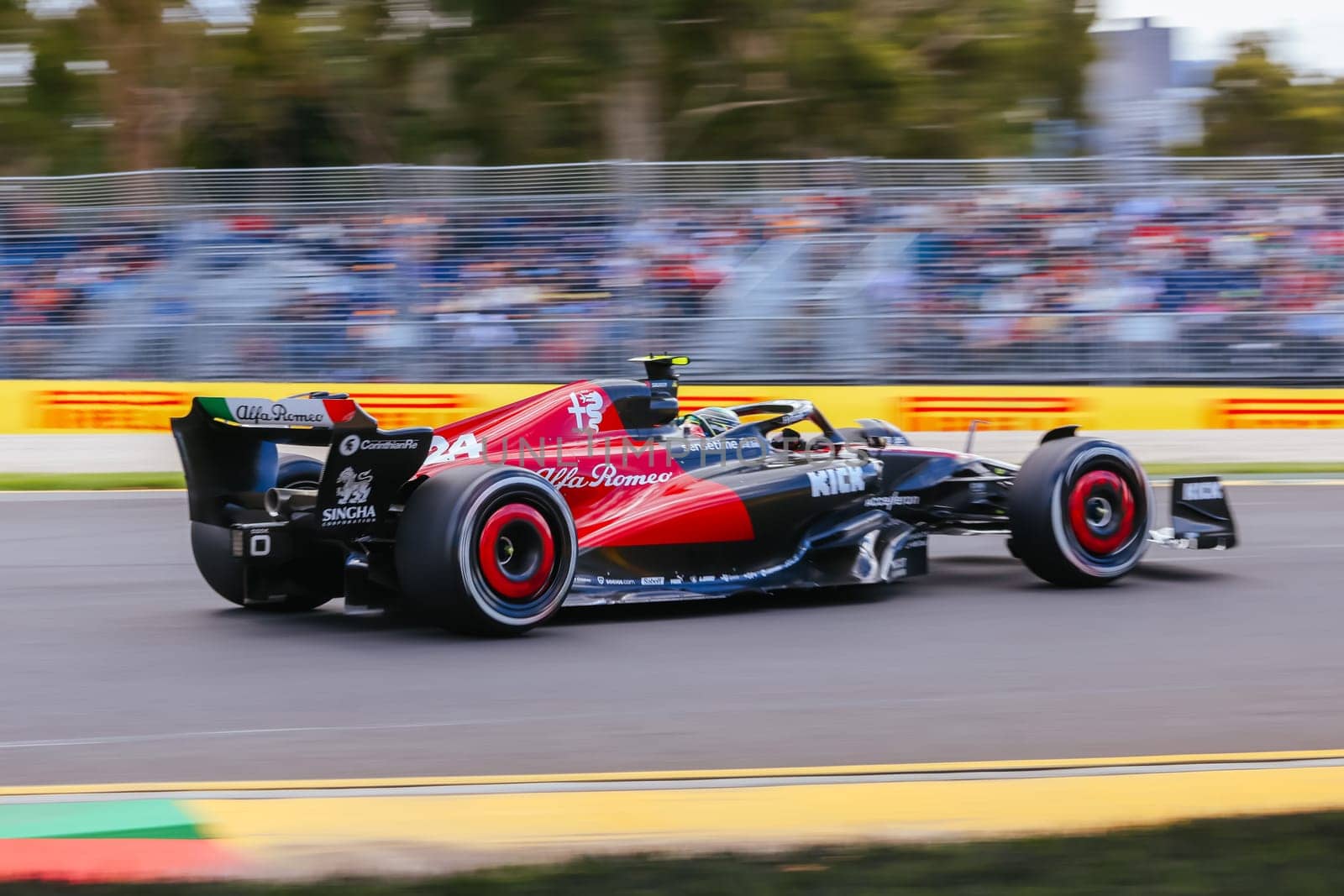 MELBOURNE, AUSTRALIA - MARCH 31: Zhou Guanyu of China drives the Alfa Romeo F1 C43 Ferrari during practice at the 2023 Australian Grand Prix at Albert Park in Melbourne, Australia