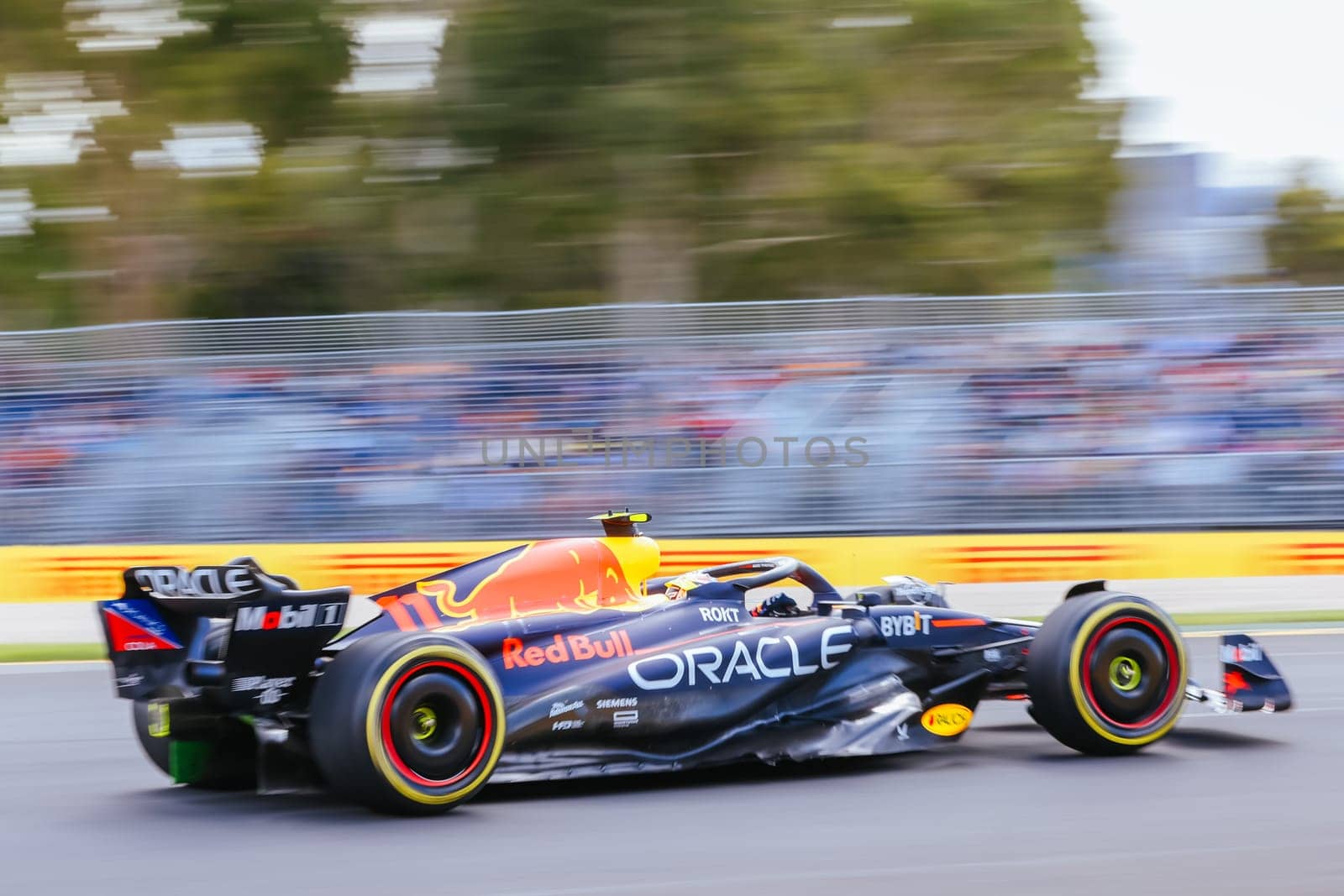 MELBOURNE, AUSTRALIA - MARCH 31: Sergio Perez of Mexico drives the Oracle Red Bull Racing RB19 during practice at the 2023 Australian Grand Prix at Albert Park in Melbourne, Australia