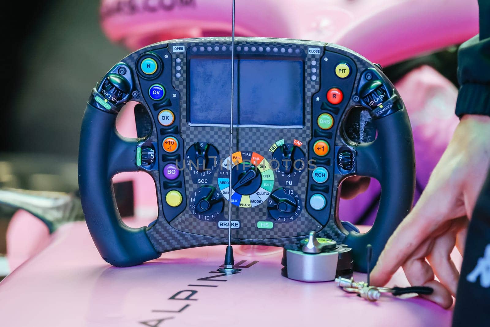 MELBOURNE, AUSTRALIA - MARCH 31: Alpine F1 Team steering wheel at the 2023 Australian Formula 1 Grand Prix on 31st March 2023