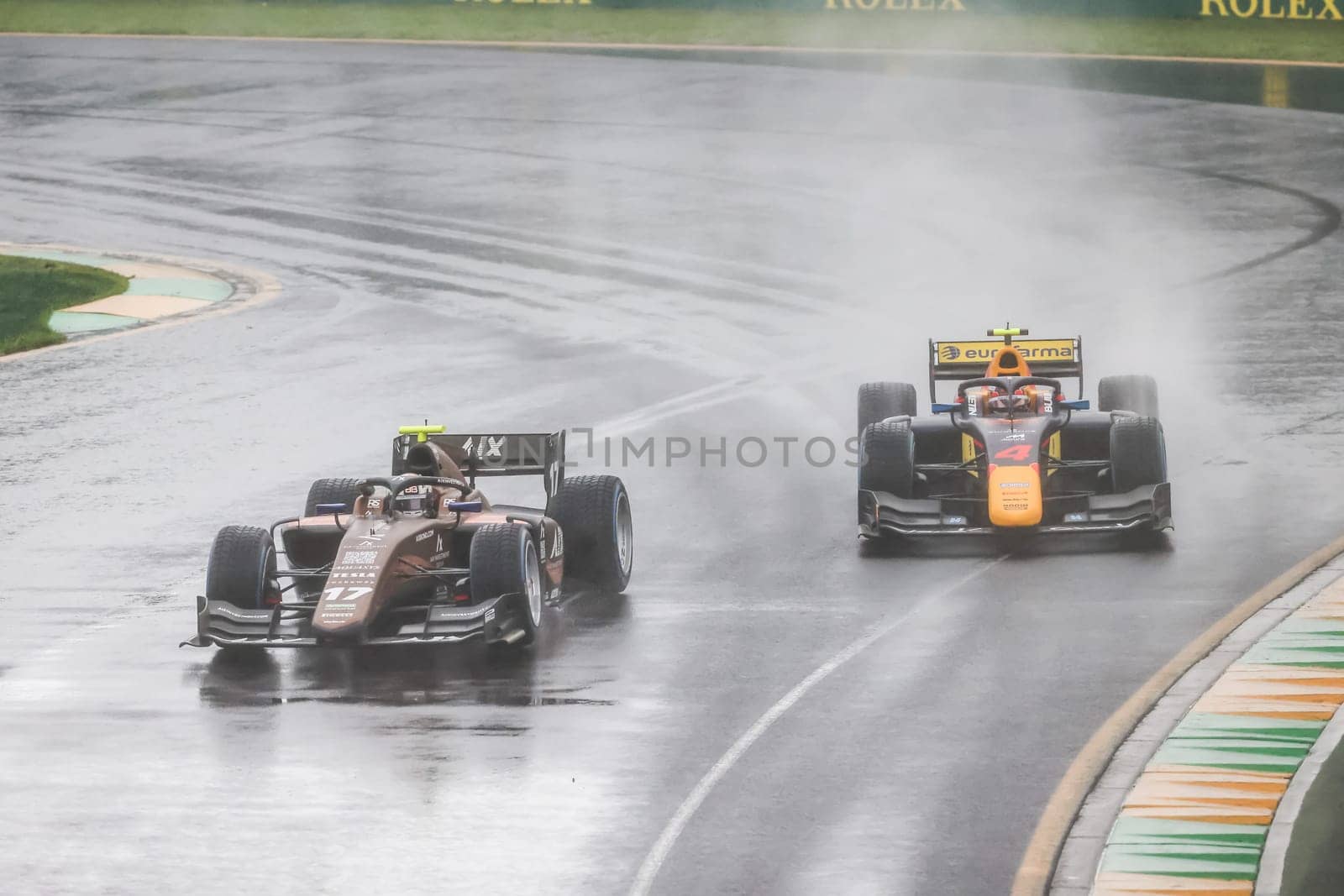 MELBOURNE, AUSTRALIA - MARCH 31: Enzo Fittipaldi of Rodin Carlin and Brad Benavides of PHM Racing in F2 at the 2023 Australian Formula 1 Grand Prix on 31st March 2023