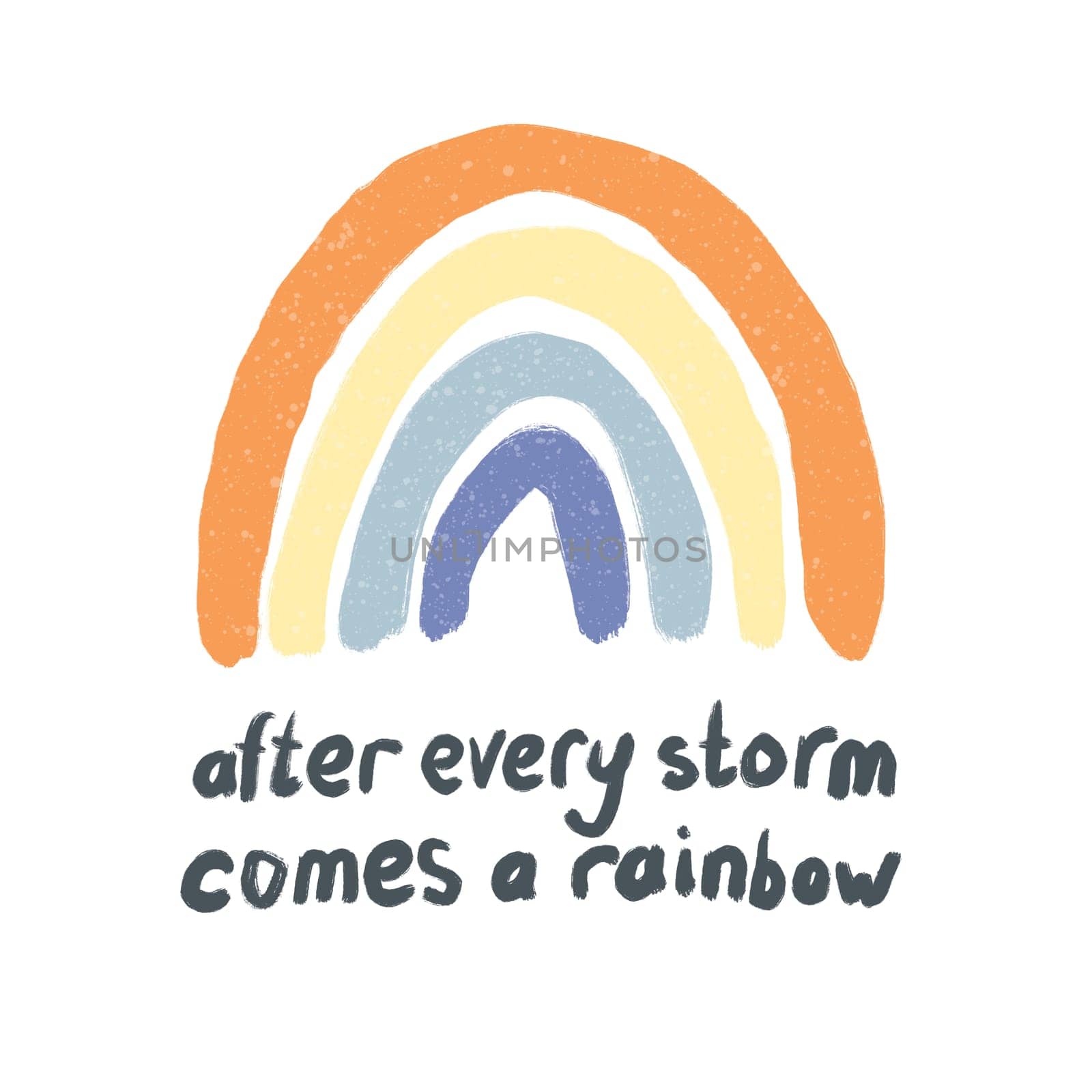 Hand drawn illustration of rainbow. After every storm comes a rainbow. Orange beige blue design in boho style for kids nursery decor, baby cartoon poster in minimalist print. by Lagmar