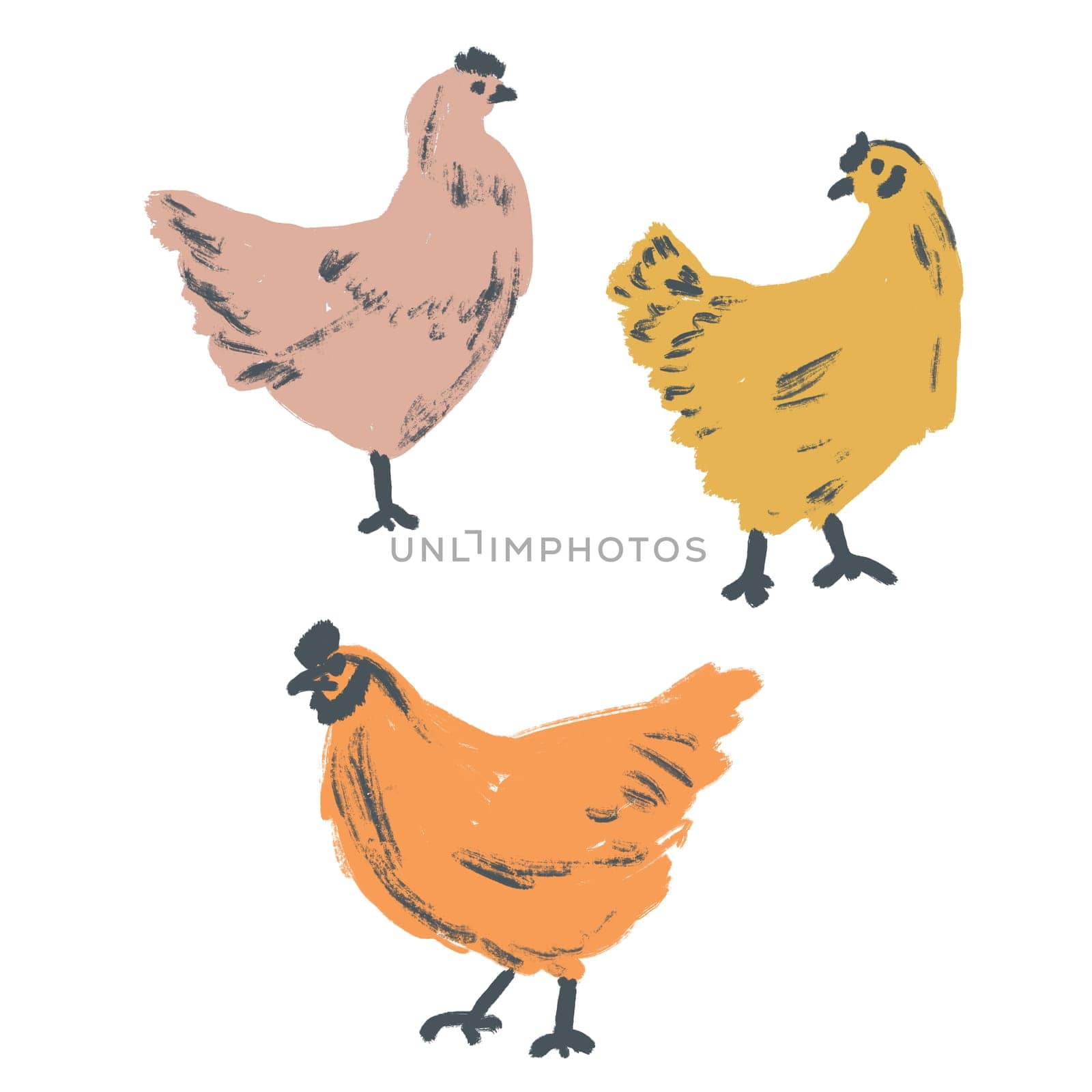 Hand drawn illustration of hen chicken, domestic bird animal poultry. Rustic retro vintage logo design in pink orange yellow ornament for packaging, organic food silhouette farm livestock.. by Lagmar