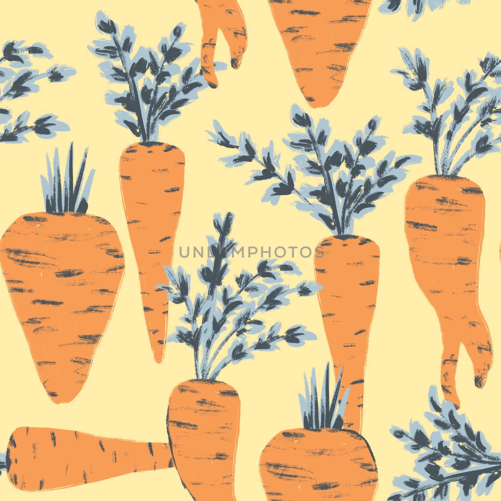 Seamless hand drawn pattern with orange ripe carrots grey leaves, organic healthy natural food, vitamins vegetarian vegan. Cooking design illustration, textile wrapping paper wallpaper. Bright harvest. by Lagmar