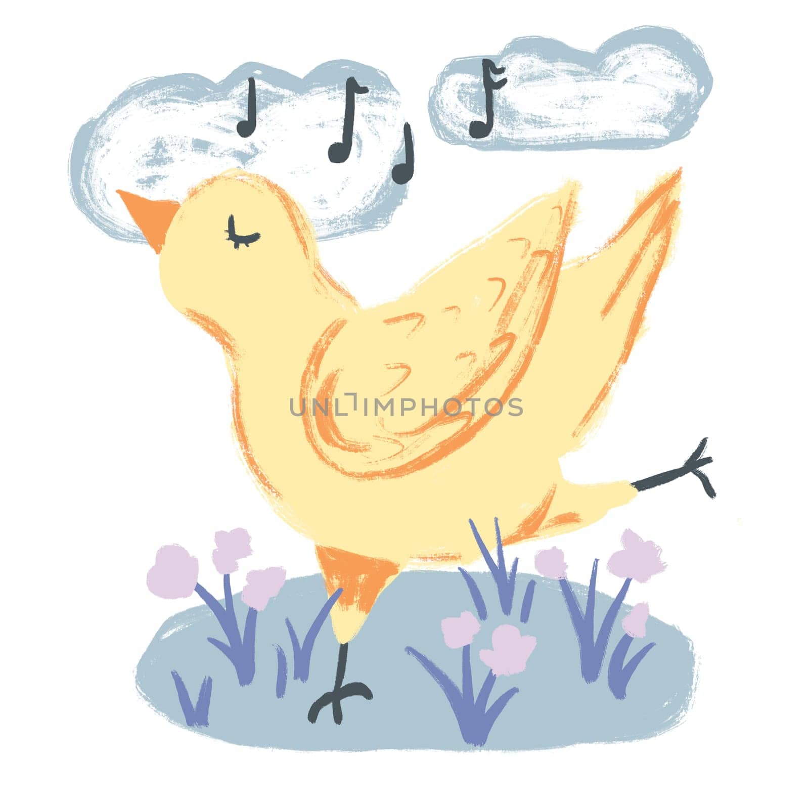 Hand drawn cute illustration of yellow chicken dancing singing music with clouds flowers. Funny design for kids children nursery, domestic animal bird poultry hen, Easter concept spring print. by Lagmar