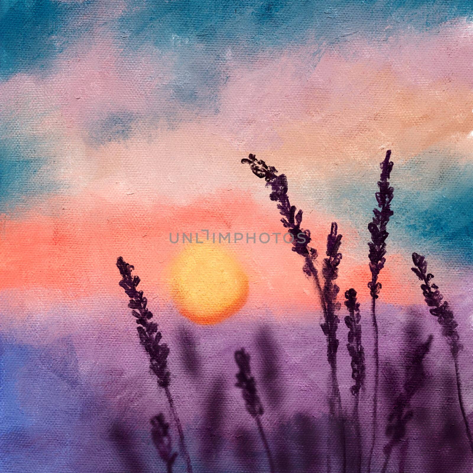 Hand drawn illustration of sunset sunrise in blue orange sky purple grass plants. Night scene landscape, oil painting texture, outdoor adventure, nature design panorama light, vibrant skyline. by Lagmar