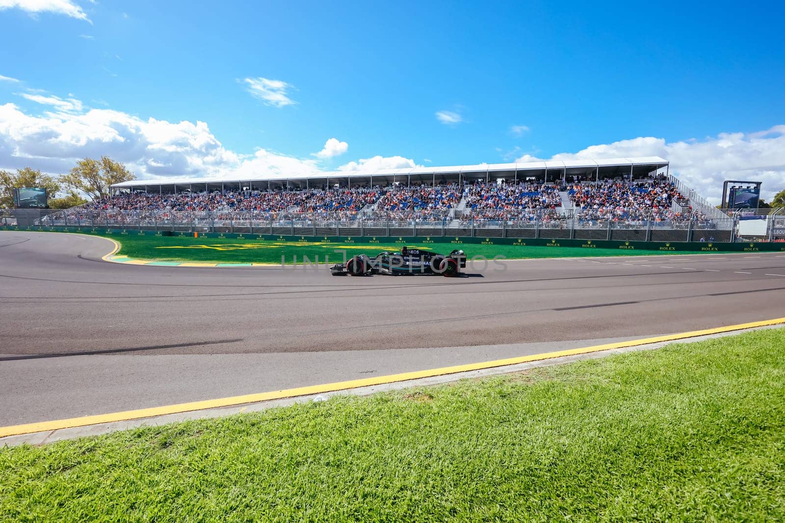 MELBOURNE, AUSTRALIA - MARCH 31: George Russell of Great Britain drives the Mercedes AMG Petronas F1 Team W13 during practice in the 2023 Australian Grand Prix at Albert Park in Melbourne, Australia